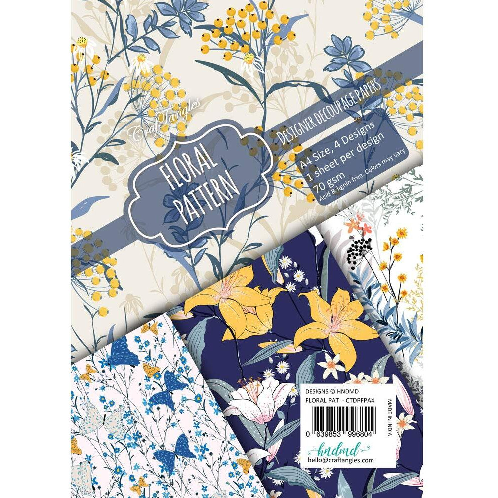Craftangles Decoupage Paper Pack - Floral Pattern (A4) - 4 Sheets