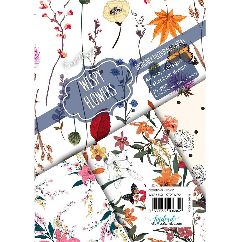 Craftangles Decoupage Paper Pack - Wispy Flowers (A4) - 4 Sheets