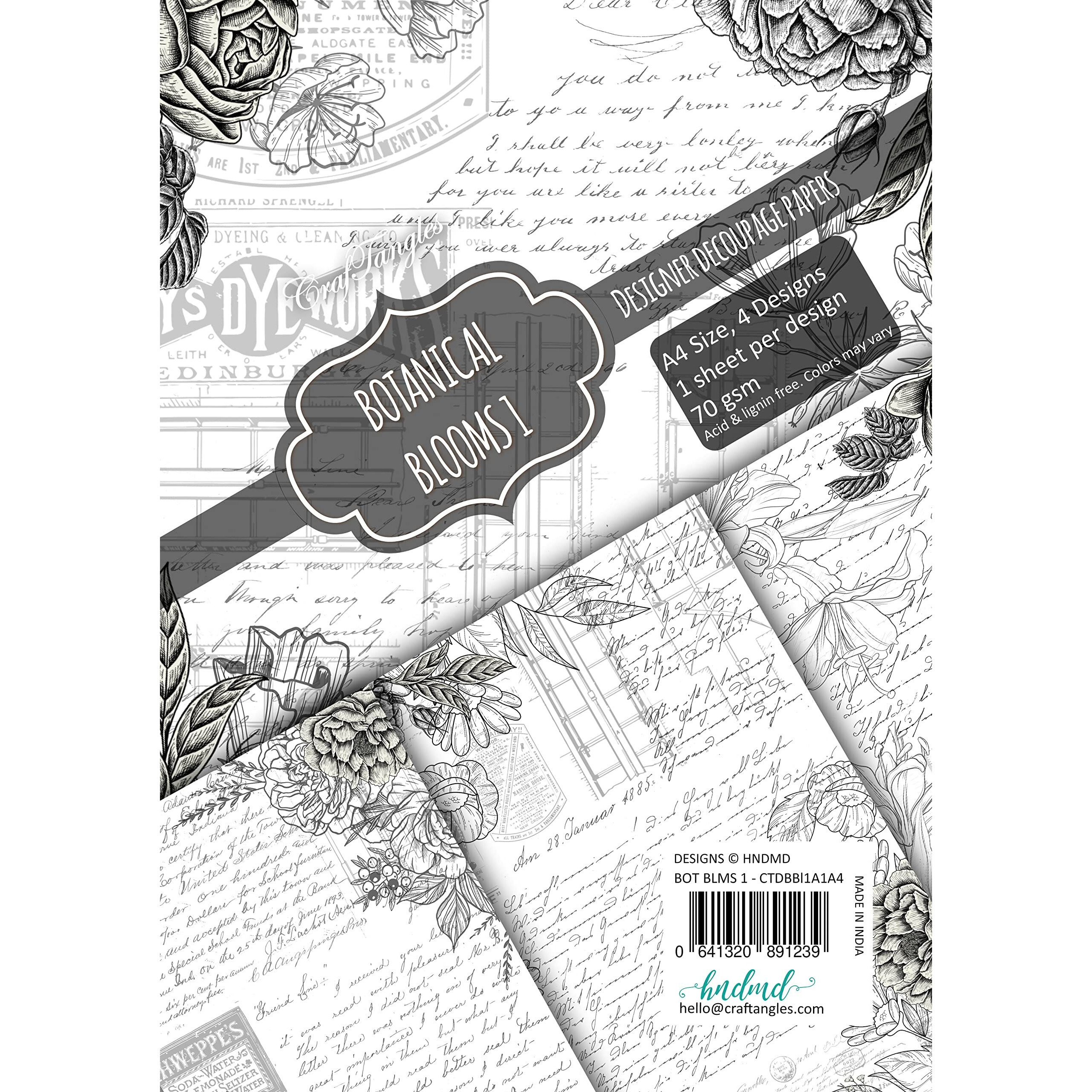 Craftangles Decoupage Paper Pack - Botanical Blooms 1 (A4) - 4 Sheets