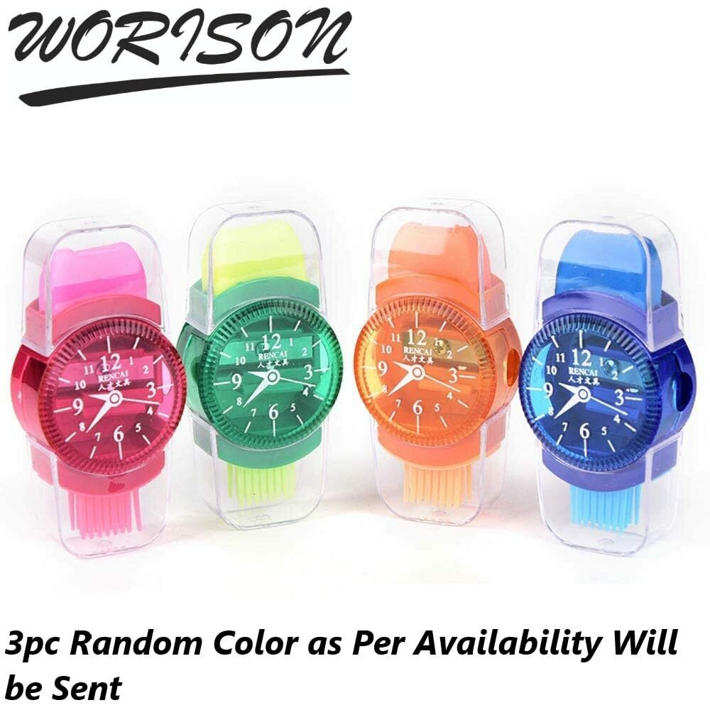 Worison 3Pc Pack 3In1 Cute Watch Shape Pencil Sharpener,Eraser And Brush