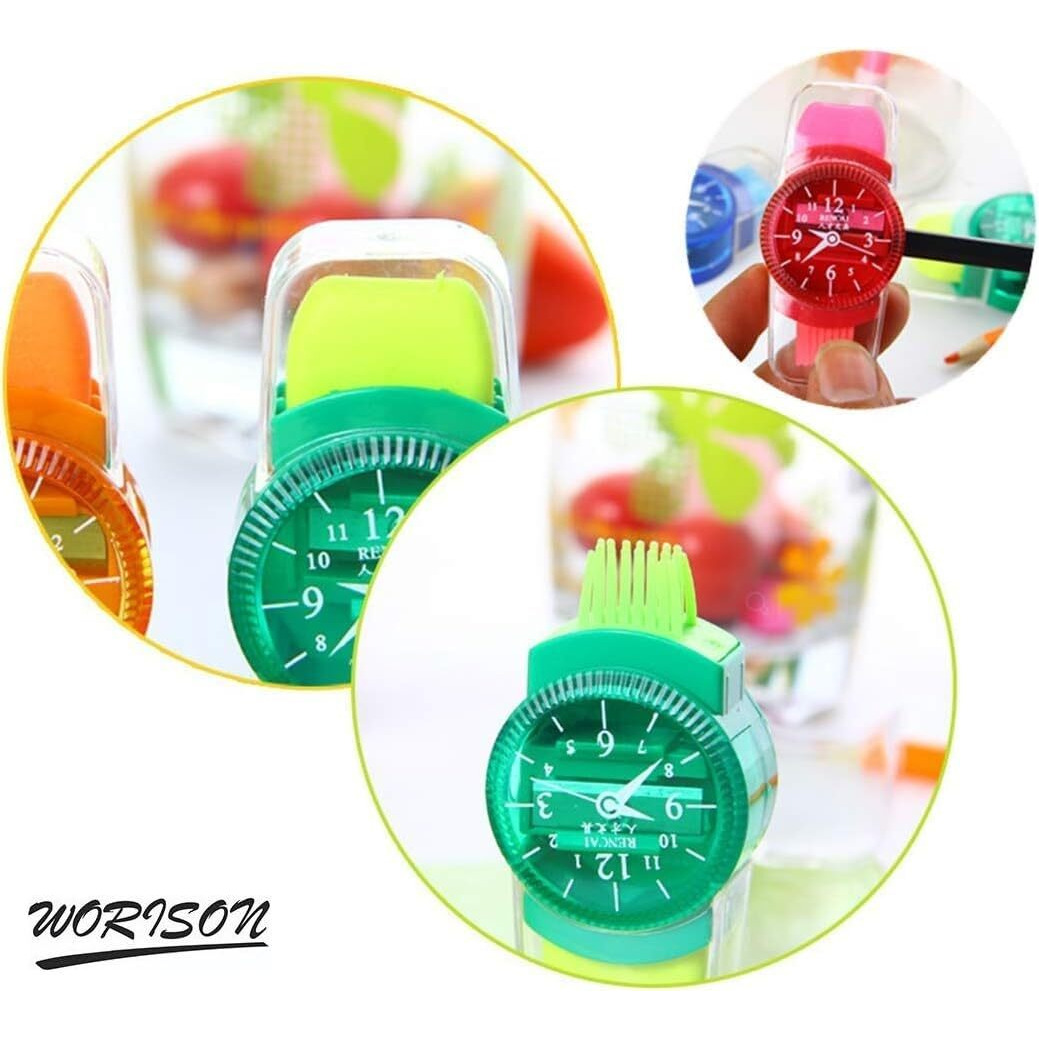 Worison 3Pc Pack 3In1 Cute Watch Shape Pencil Sharpener,Eraser And Brush