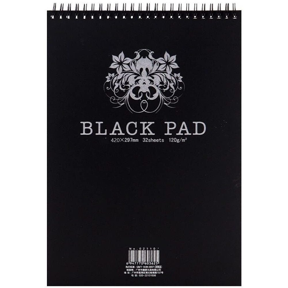 Artrack Black Drawing Paper Sketch Pad For Pencil, Acrylic Marker, Opaque Inks, Gouache And Pastels, Wire Bound, 120 Gsm, 297 X 420 Mm Black, 32 Sheets