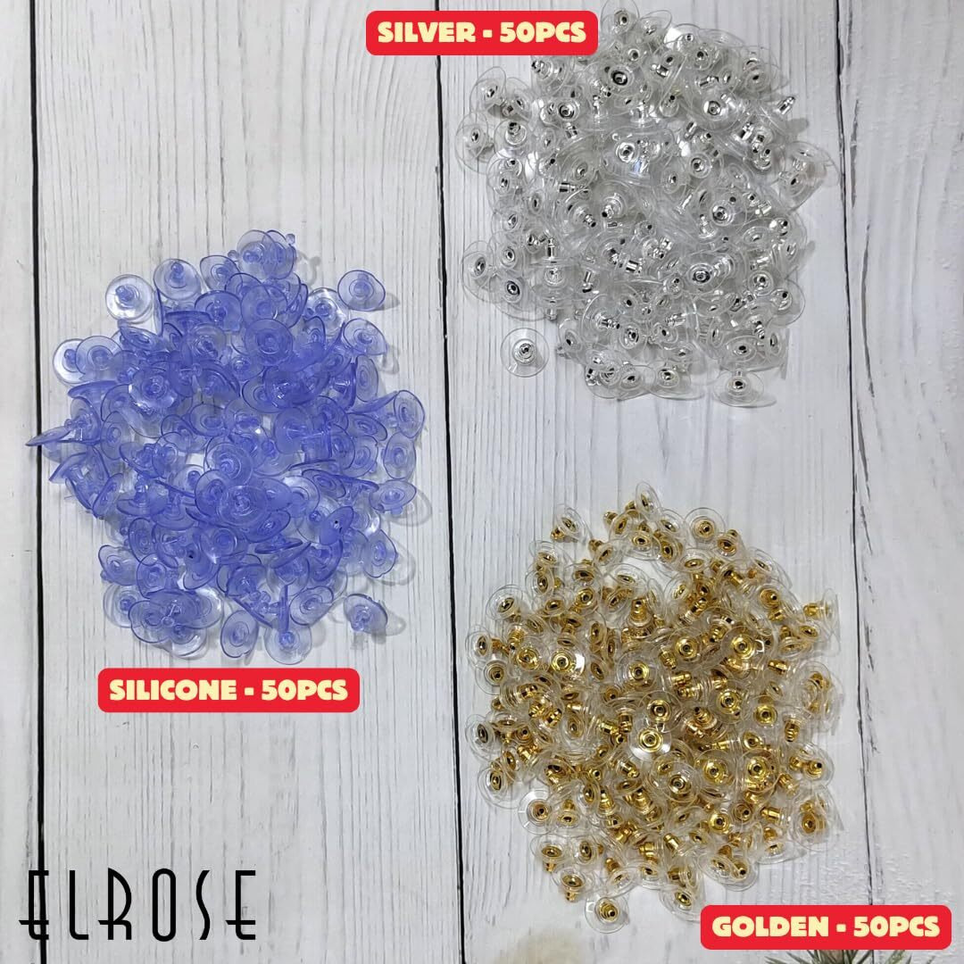 Elrose - 150Pcs Earring Back Stopper (50+50+50) - Earrings Hook - Golden Silver & Elastic Rubber Earrings Stopper Back (Znx-84_Earrings_Back_Stopper)