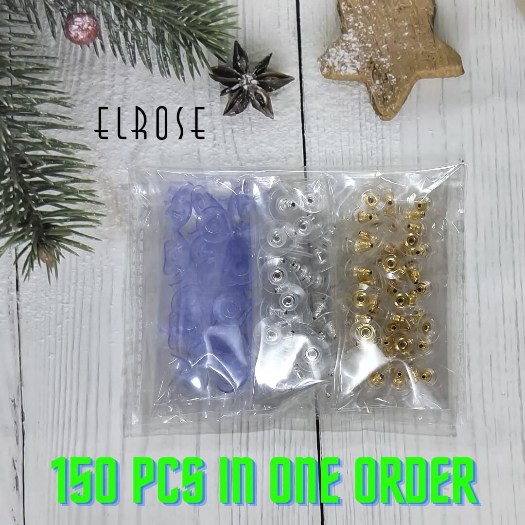 Elrose - 150Pcs Earring Back Stopper (50+50+50) - Earrings Hook - Golden Silver & Elastic Rubber Earrings Stopper Back (Znx-84_Earrings_Back_Stopper)