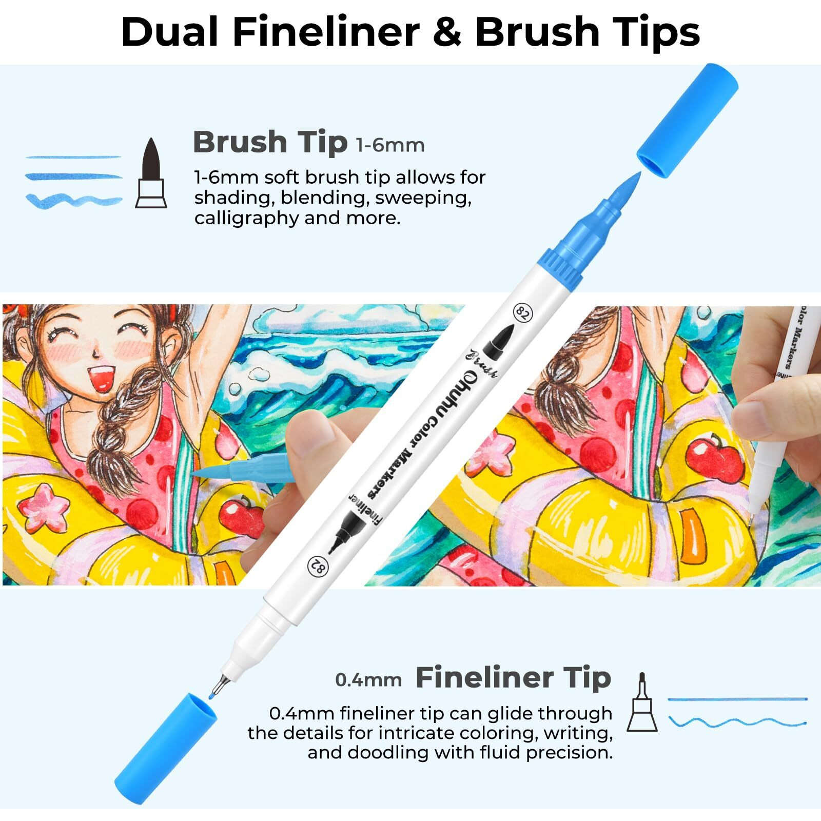 Ohuhu Brush Pen 100 Colors Water-Based Sketch Pen Set For Artists No Bleeding Dual Tips Fineliner & Brush Drawing Pens Art Marker For Kids Adults Sketching Calligraphy Journal School - Maui - White