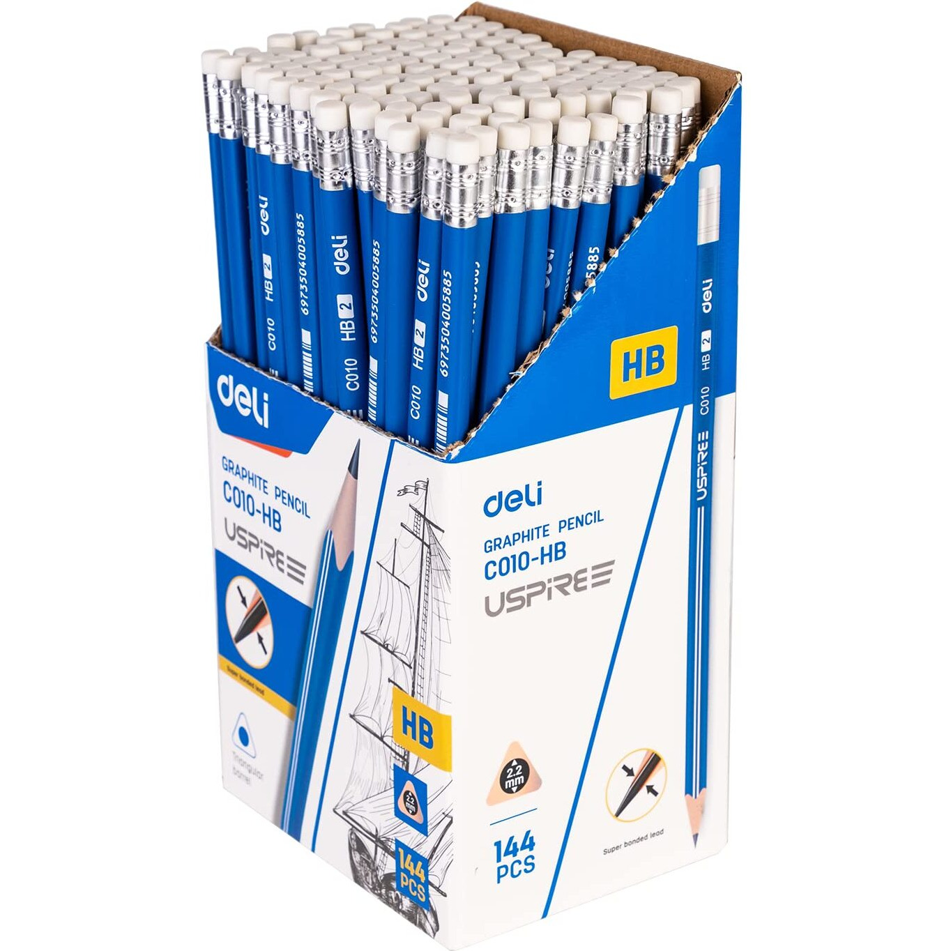 Deli Hb Graphite Pencil, Writing, Drawing Sketching Pencil With Eraser, Triangular Grip Pencils For Beginners, Students, Art & Craft Soften Basswood, Stationary Item, Best Gift For Kids (144 Piece)
