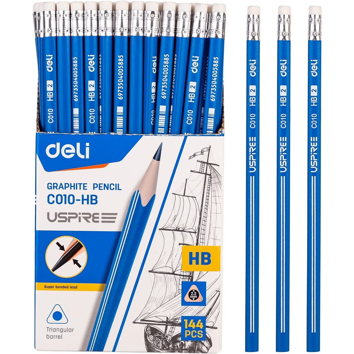 Deli Hb Graphite Pencil, Writing, Drawing Sketching Pencil With Eraser, Triangular Grip Pencils For Beginners, Students, Art & Craft Soften Basswood, Stationary Item, Best Gift For Kids (144 Piece)