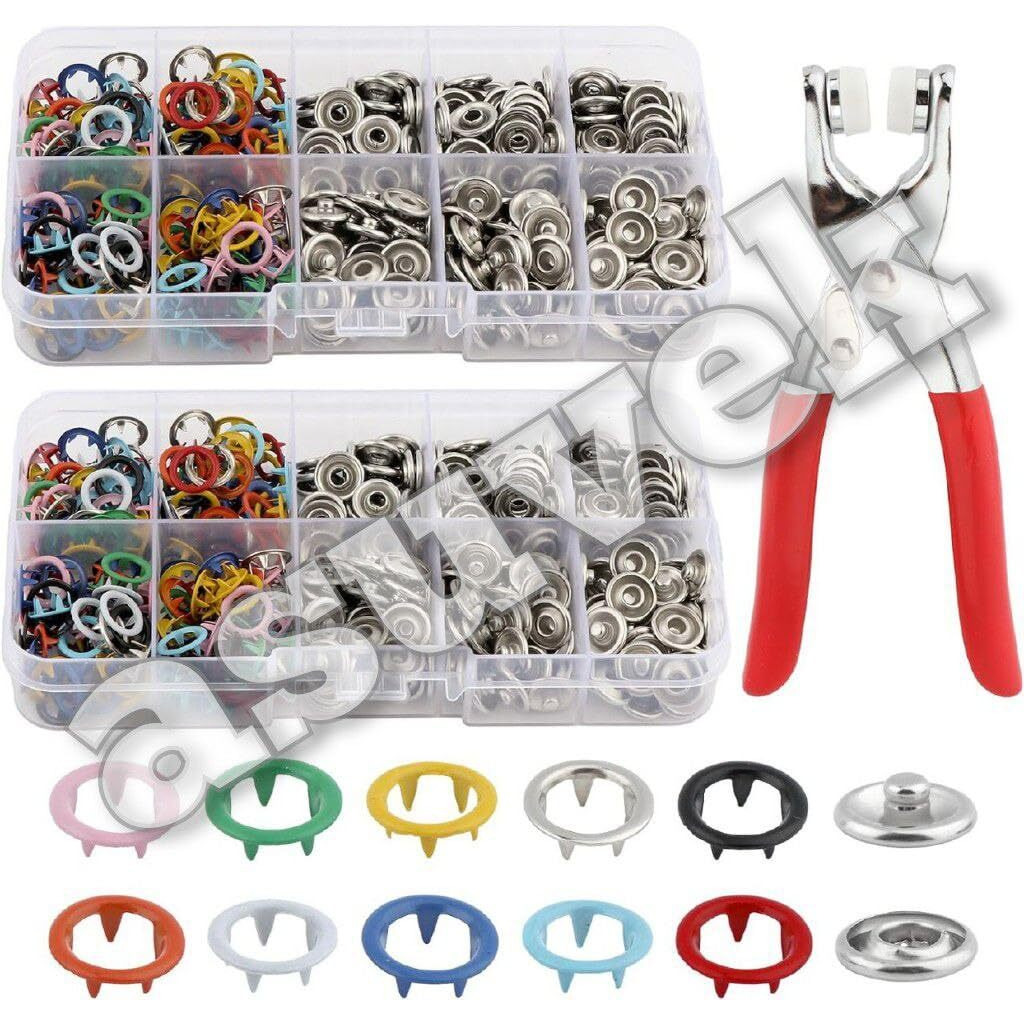 Asuvek 200Pc Thickened Snap Fasteners Kit (100 Pcs Silver Button + 100 Pcs Color Ring) Metal Copper Five Claw Buckle Set With Hand Buttons With Fastener Pliers Press Tool Clothing Sewing And Crafting