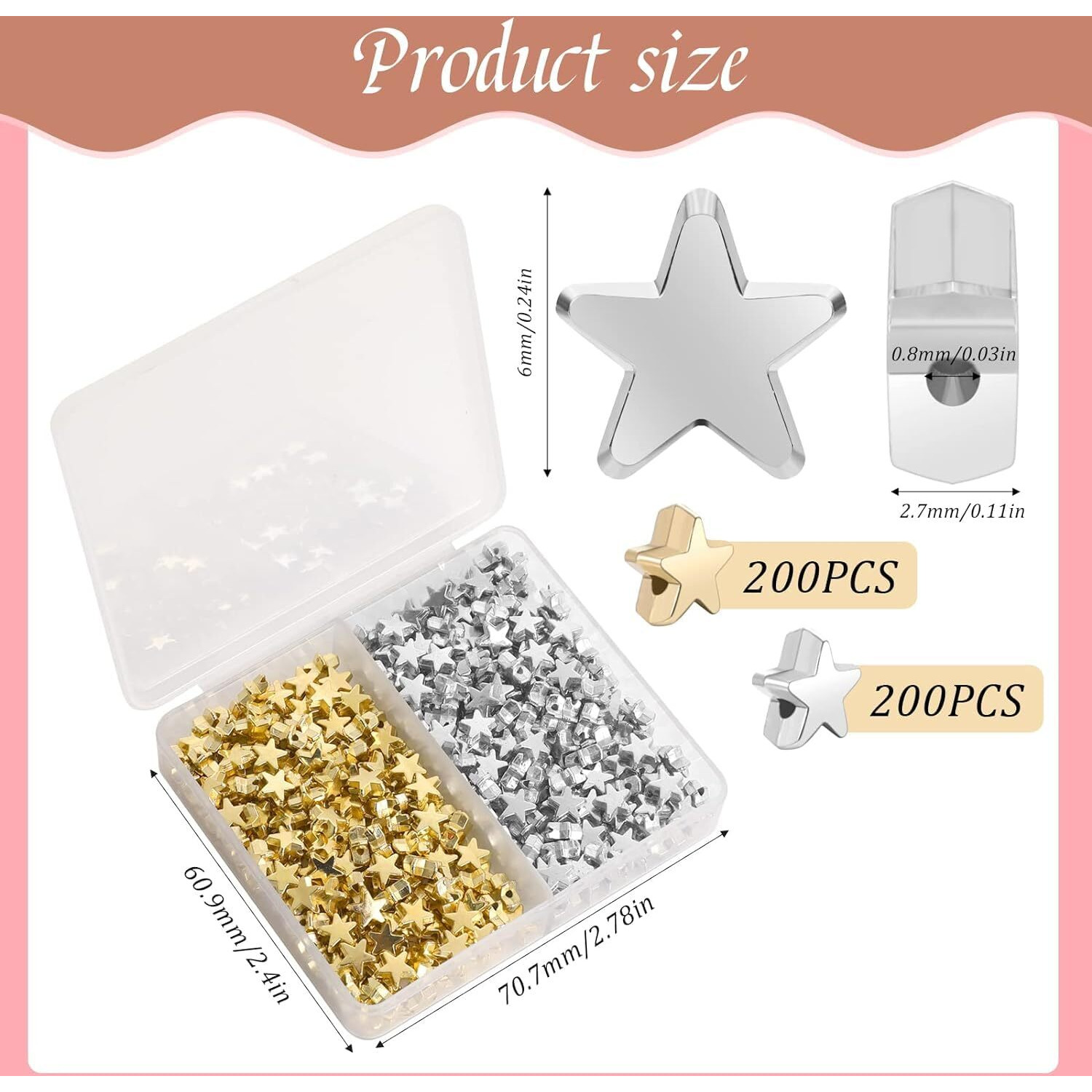 Neouth 400 Pieces Star Shape Spacer Beads Buttons For Crafts Large Hole Loose Bead Jewelry Charm Loose For Diy Bracelet Necklace Jewelry Crafts Making (Gold, Silver)