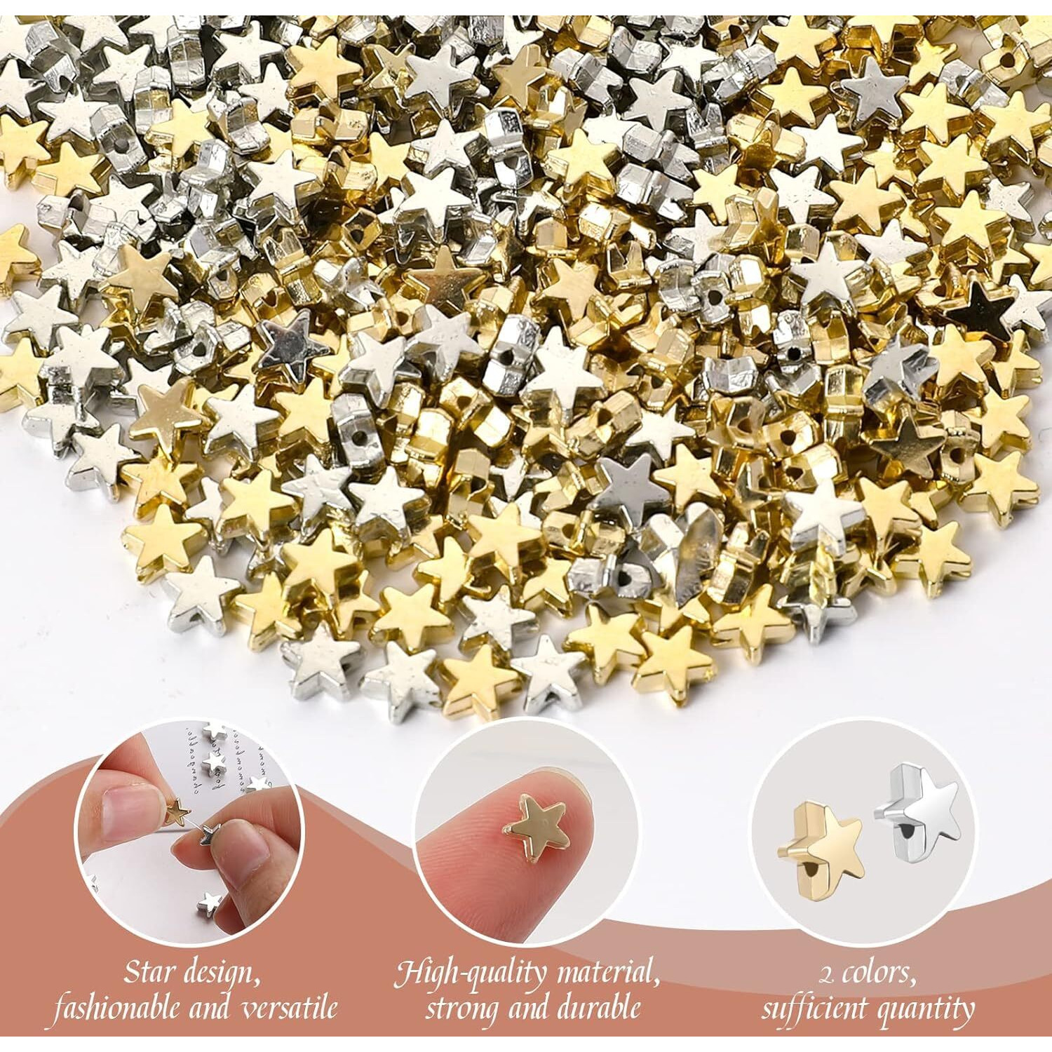 Neouth 400 Pieces Star Shape Spacer Beads Buttons For Crafts Large Hole Loose Bead Jewelry Charm Loose For Diy Bracelet Necklace Jewelry Crafts Making (Gold, Silver)