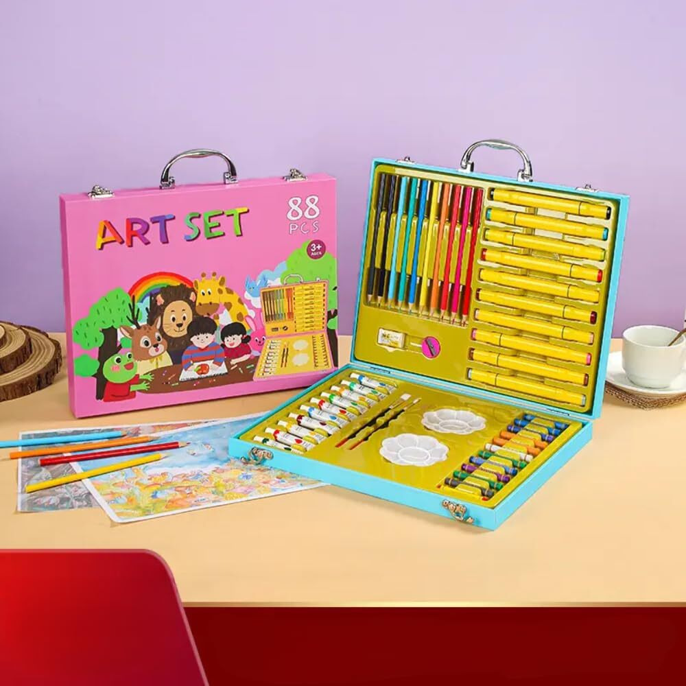 Heycandy Portable Art Set- Drawing Art Supplies Includes Oil Pastels, Colored Pencils, Watercolor Pens, Watercolors For Kids & Adults. (Pink)