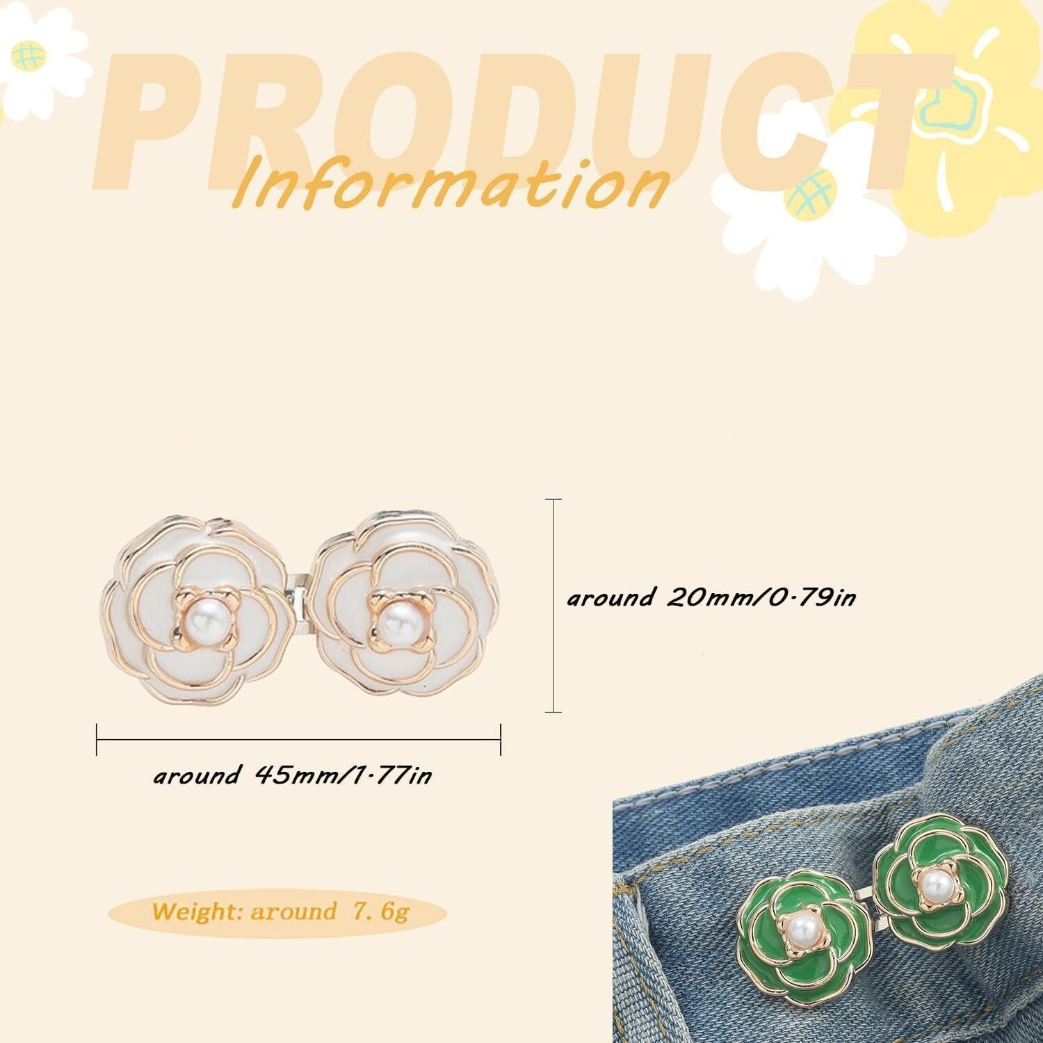 Buymz Adjustable Waist Buckle Set, Button For Jeans, Gold And Bright White, 3 Pack, Flower Shape, Pant Accessory
