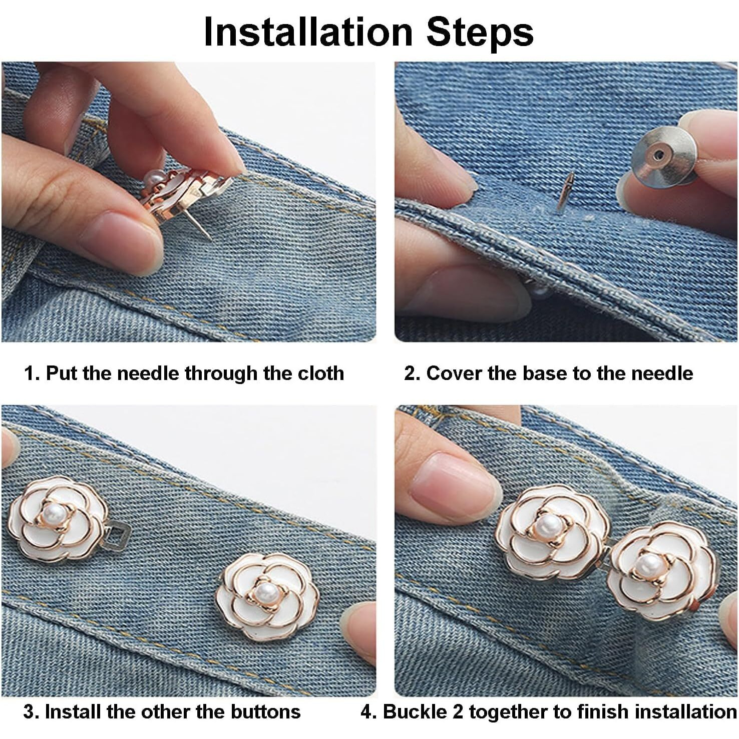 Buymz Adjustable Waist Buckle Set, Button For Jeans, Gold And Bright White, 3 Pack, Flower Shape, Pant Accessory