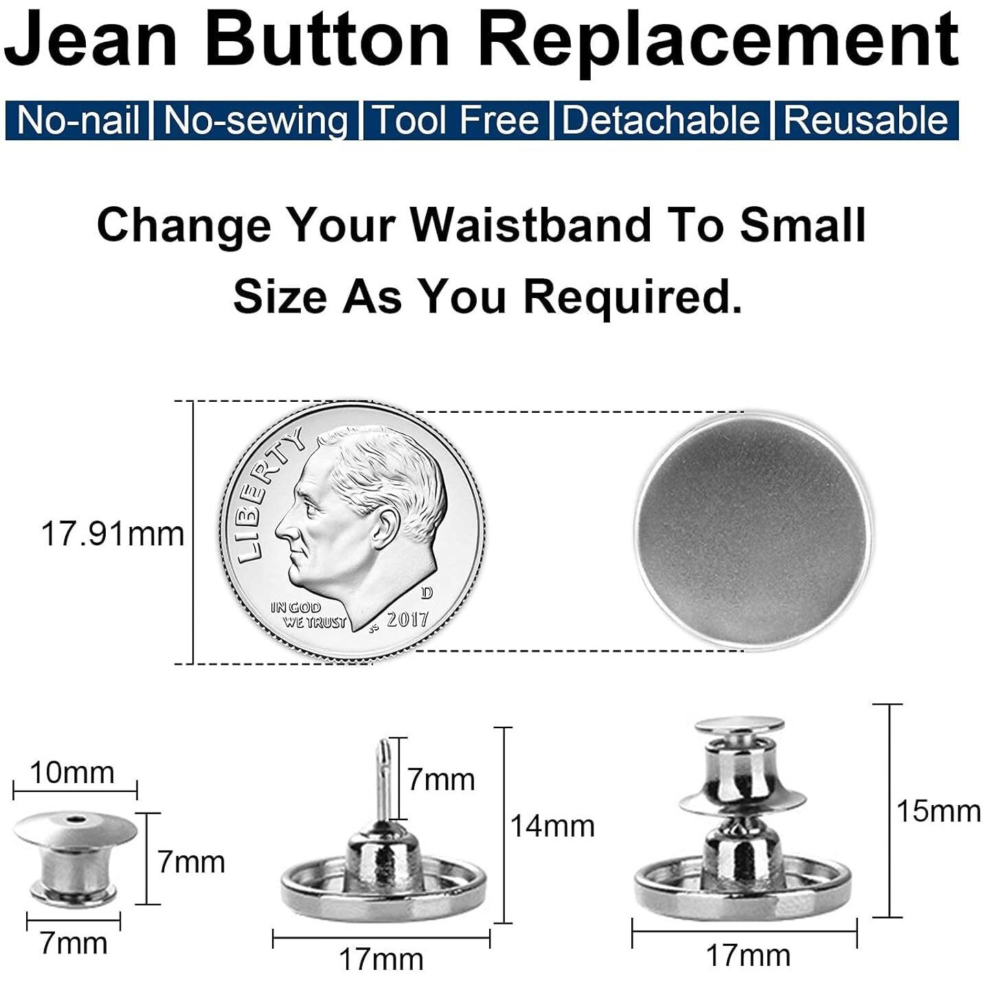 Zebroc Upgraded Button Pins For Loose Jeans Pants, Detachable Button For Jeans, No Sew Metal Buttons For Denims Waist Extender Or Tightener Button Removable Reusable Instant Button For Trousers Pants Bags Skirt, Emergency Buttons (Design-B-Pack Of 5)