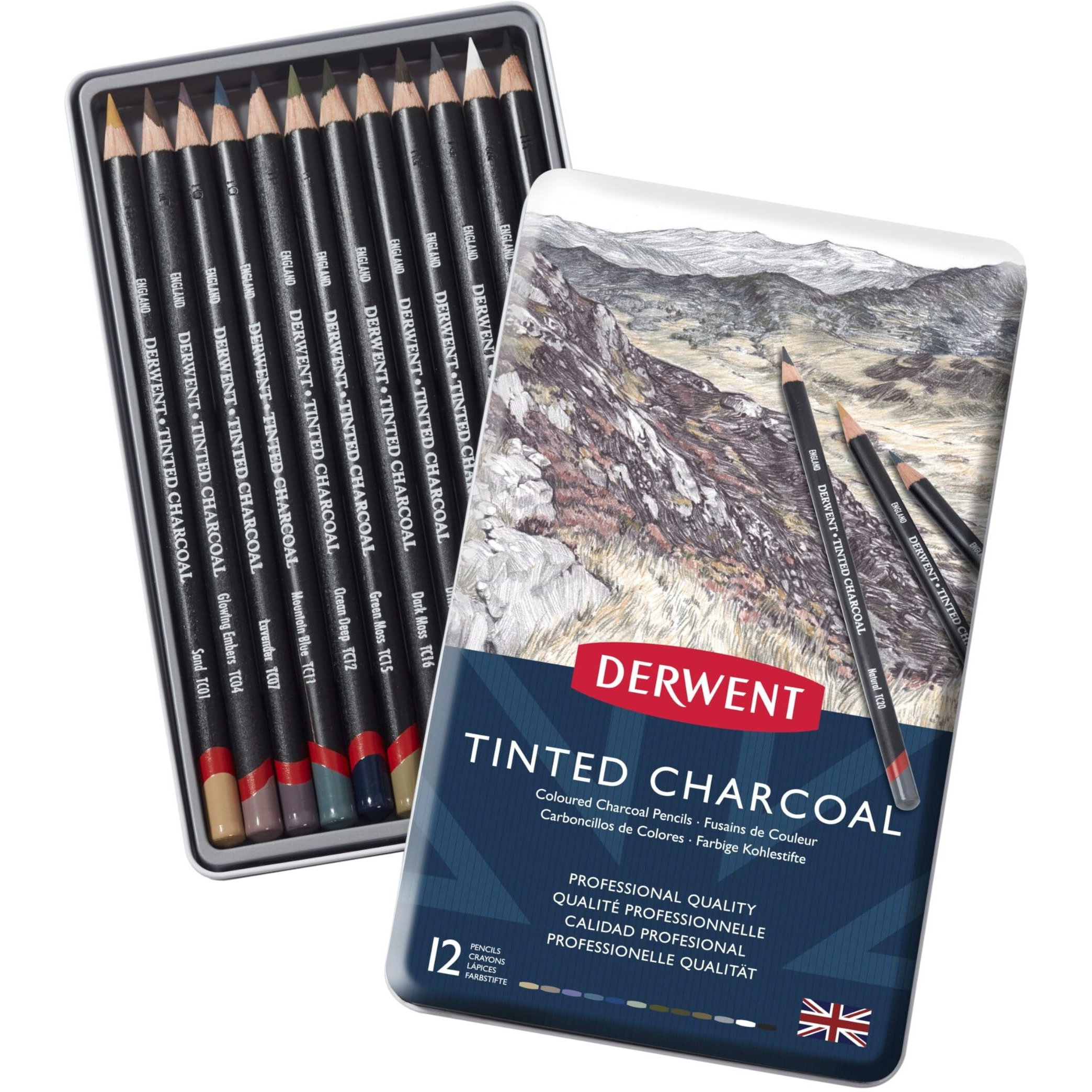 Derwent Tinted Charcoal Drawing Pencils Blister, Watersoluble Pencils, Ideal For Smuding And Blending, Professional Quality - 2301690 (Set Of 12)