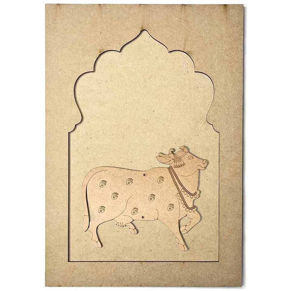 Adikala Mdf Jharokha With Pichwai Cow Left Side Face Engraved Design & Square Shaped Base Cutout For Diy Craft-Set Of 2