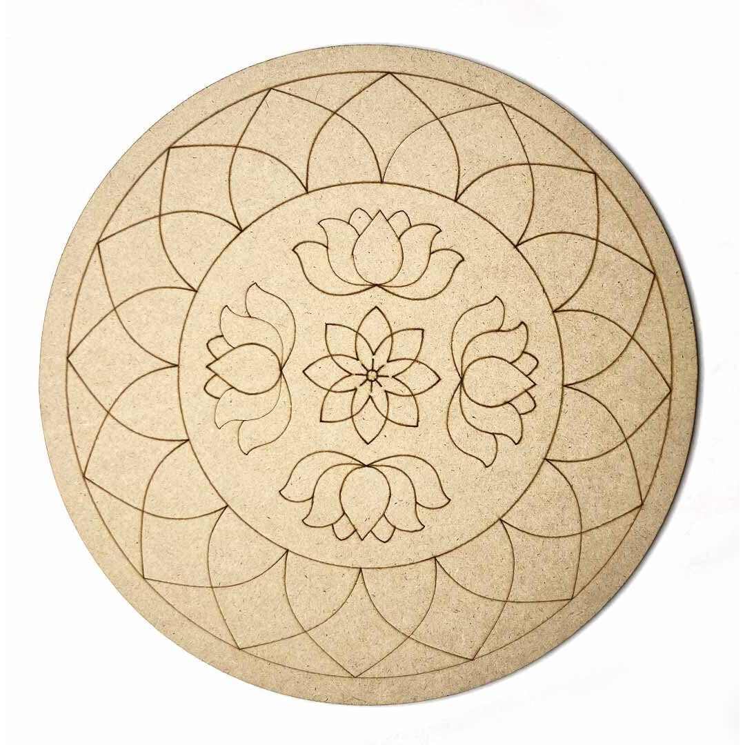 Adikala Lotus With Mandala Engraved Design Mdf For Diy | Art Decor | For Decorations, Festival Gift, Wedding Decorations 12.Inch-Set Of 2
