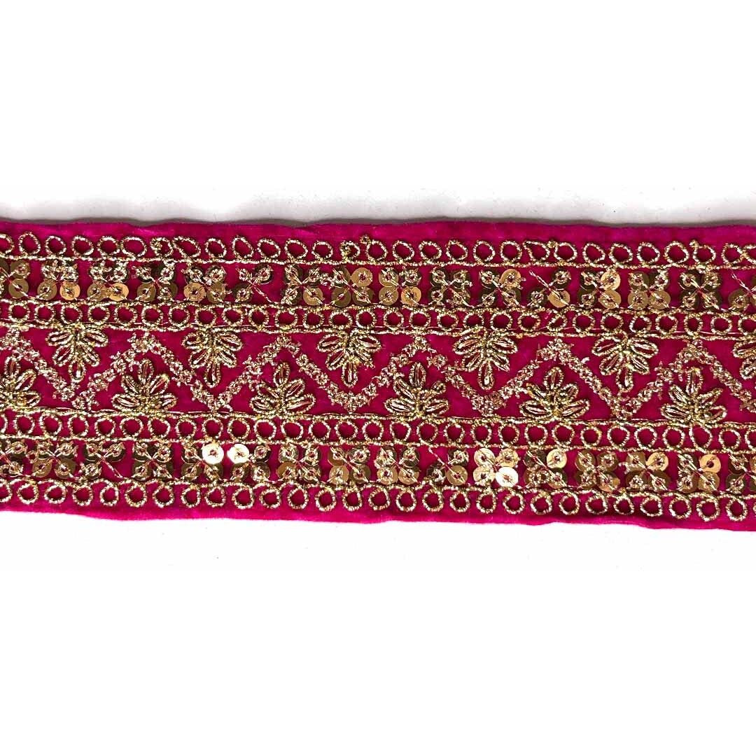 Adikala Rani Pink Velvet With Golden Zari Embroidered Border Suitable For Lehenga, Saree & Dupatta, Suit, Home Furnishing, Crafting Etc-9 Meter