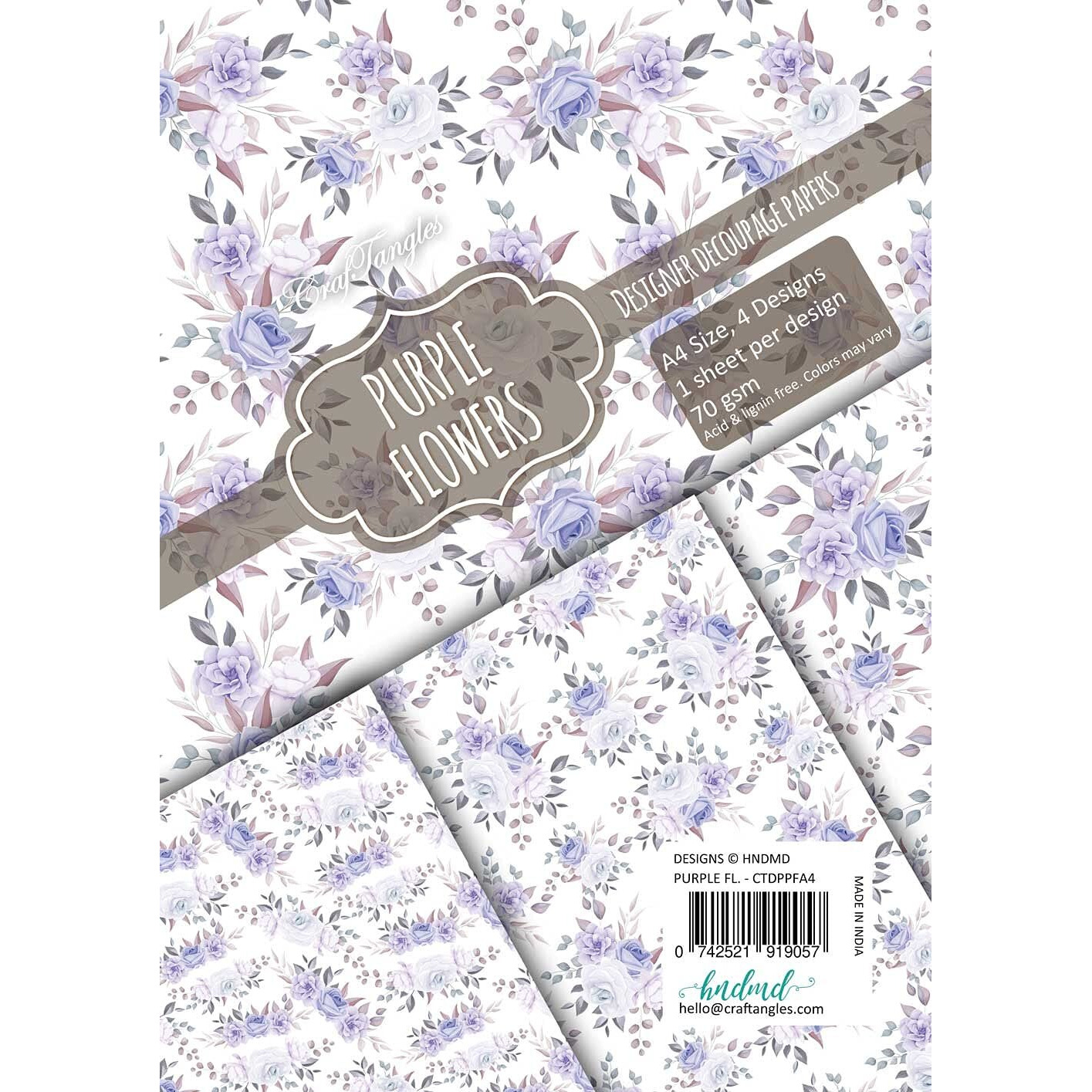 Craftangles Decoupage Paper Pack - Purple Flowers (A4) - 4 Sheets