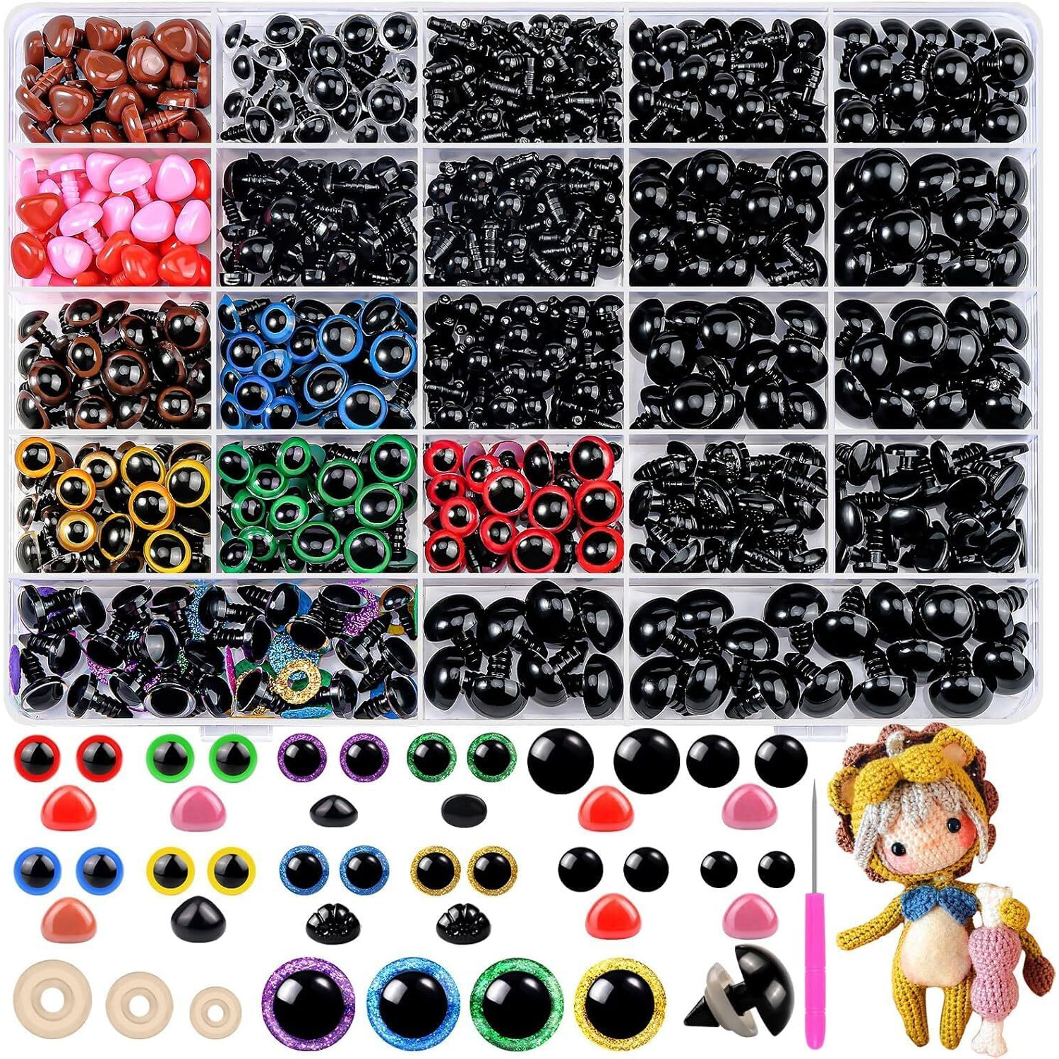 Tusmad 1100Pcs Safety Eyes And Noses, Amigurumi Safety Eyes For Crocheting, Colorful Doll Crochet Eyes With Washers For Plush Animal, Crochet Toy, Stuffed Doll And Teddy Bear (1100Pcs Safety Eyes)