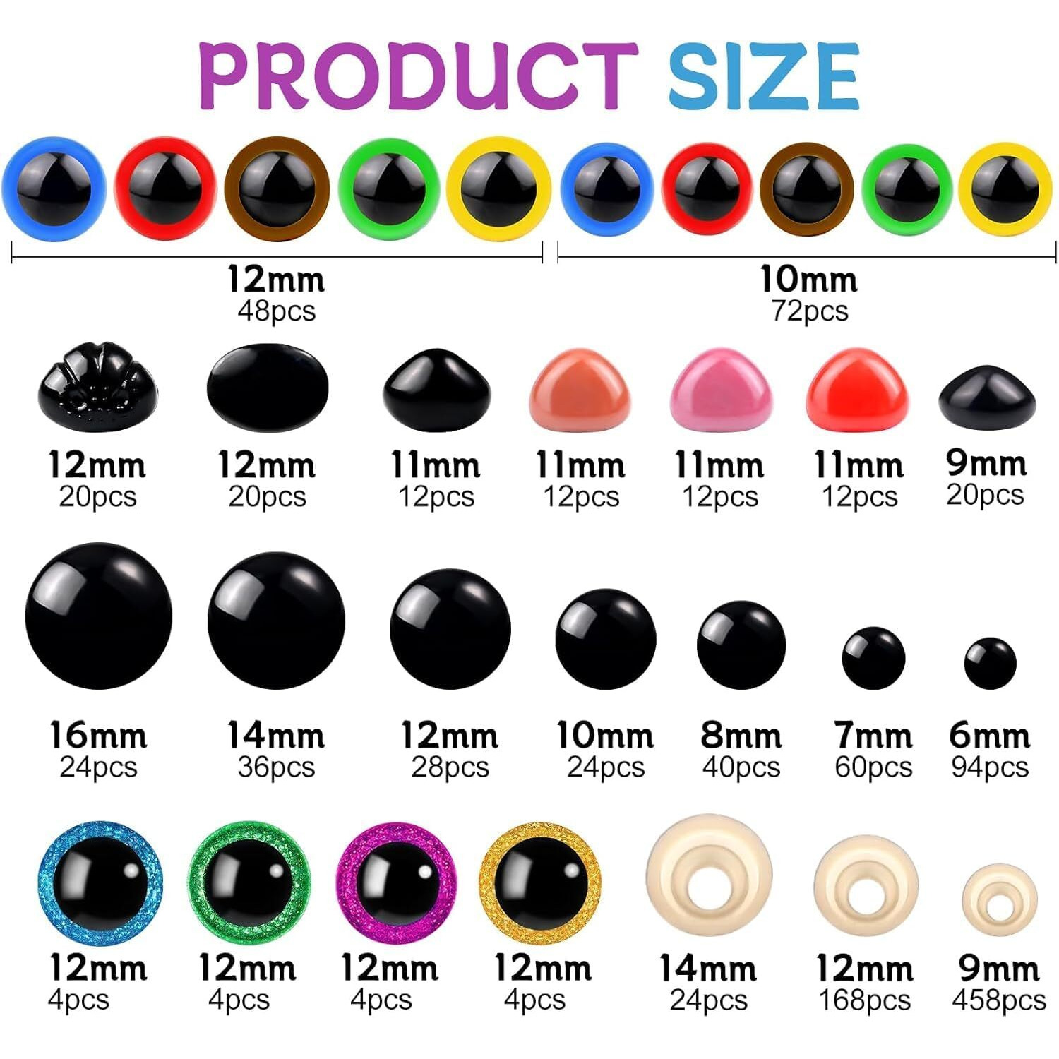 Tusmad 1100Pcs Safety Eyes And Noses, Amigurumi Safety Eyes For Crocheting, Colorful Doll Crochet Eyes With Washers For Plush Animal, Crochet Toy, Stuffed Doll And Teddy Bear (1100Pcs Safety Eyes)