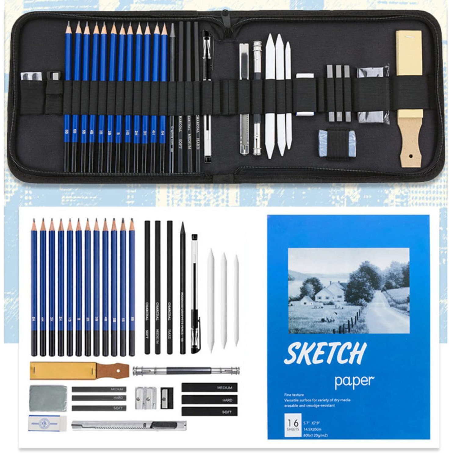 Alfa Mart 35 Pieces Pro Drawing Kit Sketching Pencils Set,Portable Zippered Travel Case-Charcoal Pencils, Sketch Pencils, Charcoal Stick,Sharpener,Eraser.Art Supplies For Artists Beginner Adults Teens
