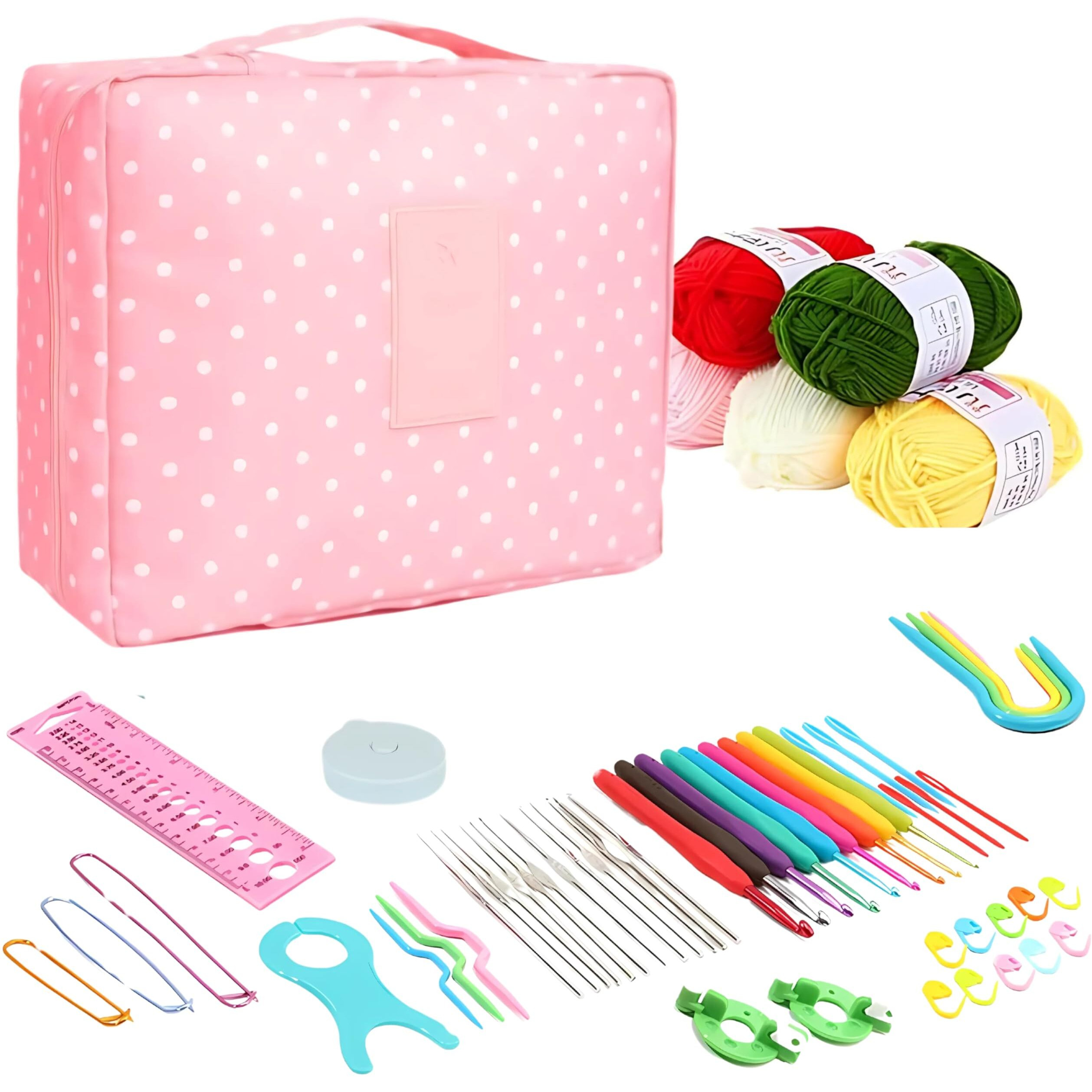 Tusmad Crochet Knitting Needle Starter Kit Ergonomic, Crochet Hooks Travel Bag,For Beginners Adults Or Kids Crochet Kits Include Yarn With Hooks,Stitch Markers & Accessories Kit 107 Pcs (Polka Pink Storage Bag )