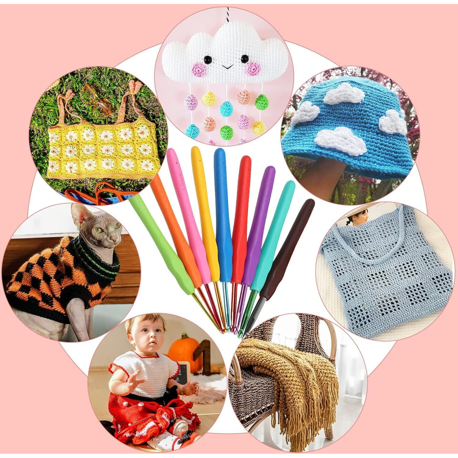Tusmad Crochet Knitting Needle Starter Kit Ergonomic, Crochet Hooks Travel Bag,For Beginners Adults Or Kids Crochet Kits Include Yarn With Hooks,Stitch Markers & Accessories Kit 107 Pcs (Polka Pink Storage Bag )