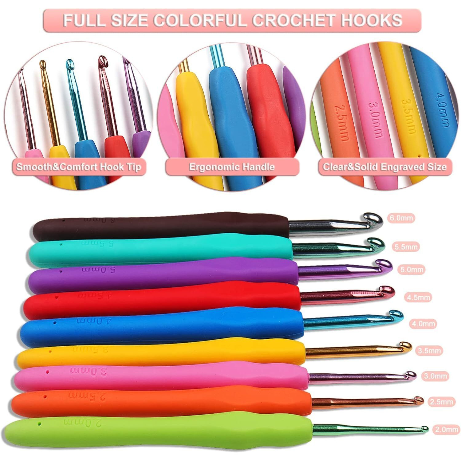 Tusmad Crochet Knitting Needle Starter Kit Ergonomic, Crochet Hooks Travel Bag,For Beginners Adults Or Kids Crochet Kits Include Yarn With Hooks,Stitch Markers & Accessories Kit 107 Pcs (Polka Pink Storage Bag )