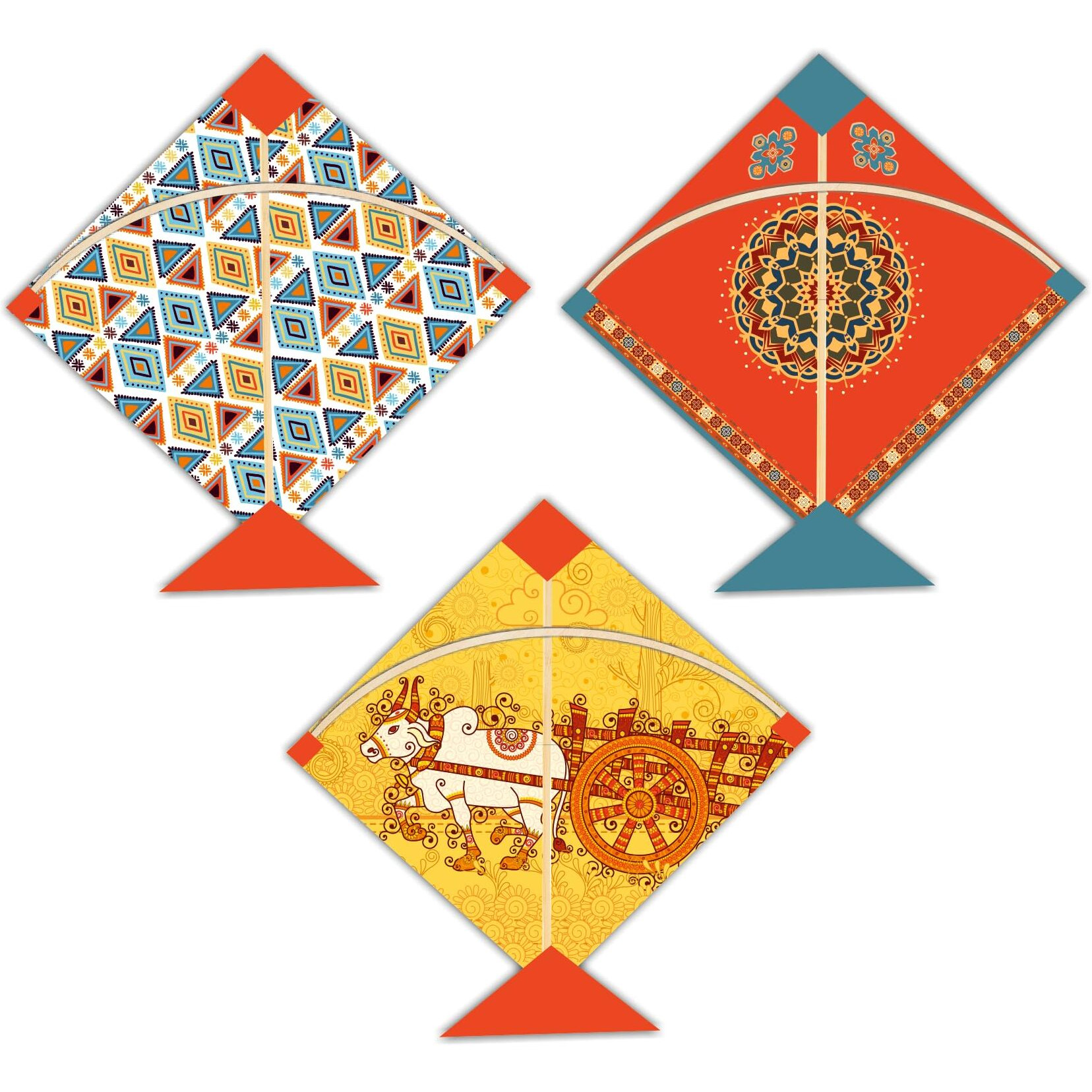 Giftplease Elegant Kite Shape Wall Art - Handcrafted Traditional Wooden Decor Piece (Set Of 3 | 12 * 12 Inches | Pattern-01)