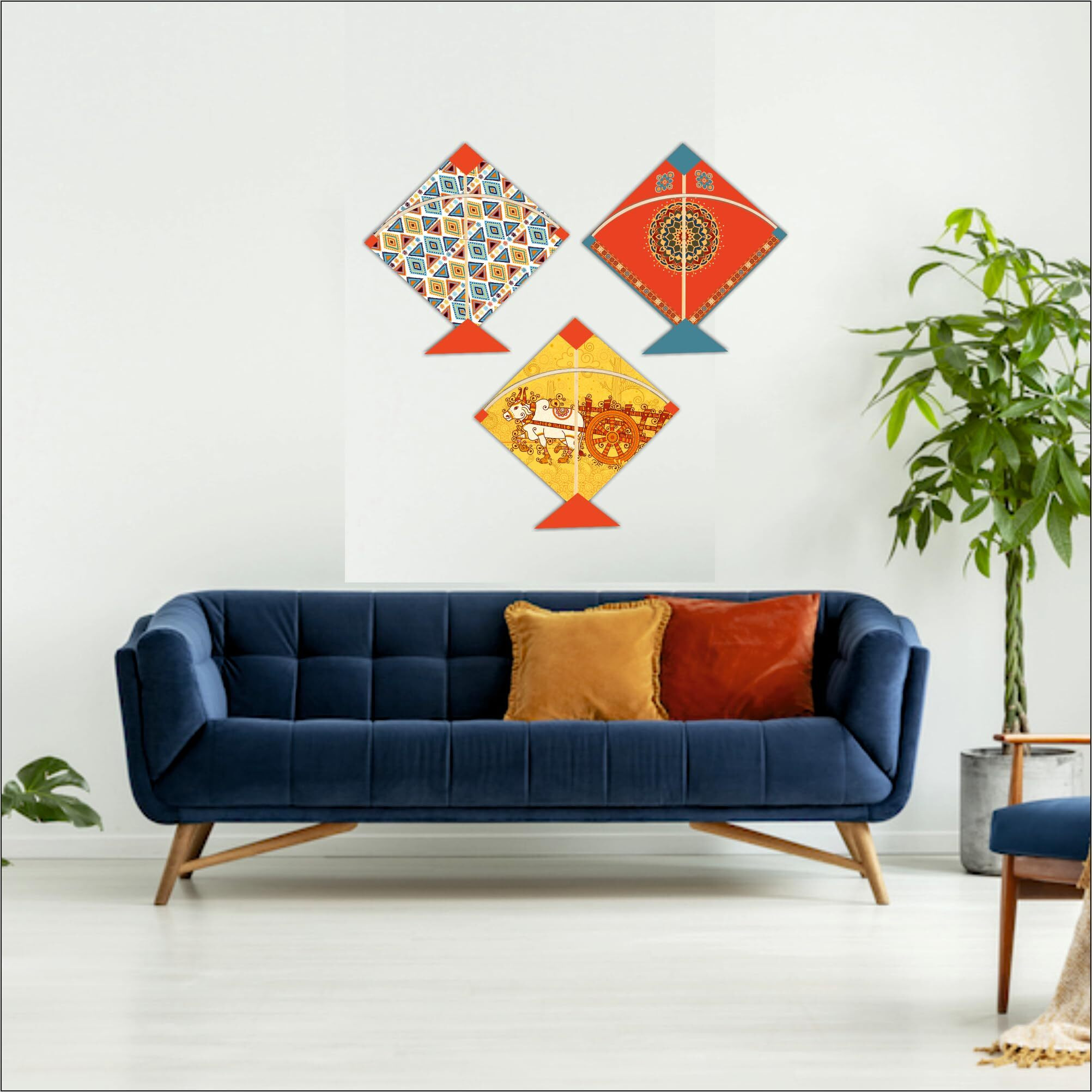 Giftplease Elegant Kite Shape Wall Art - Handcrafted Traditional Wooden Decor Piece (Set Of 3 | 12 * 12 Inches | Pattern-01)