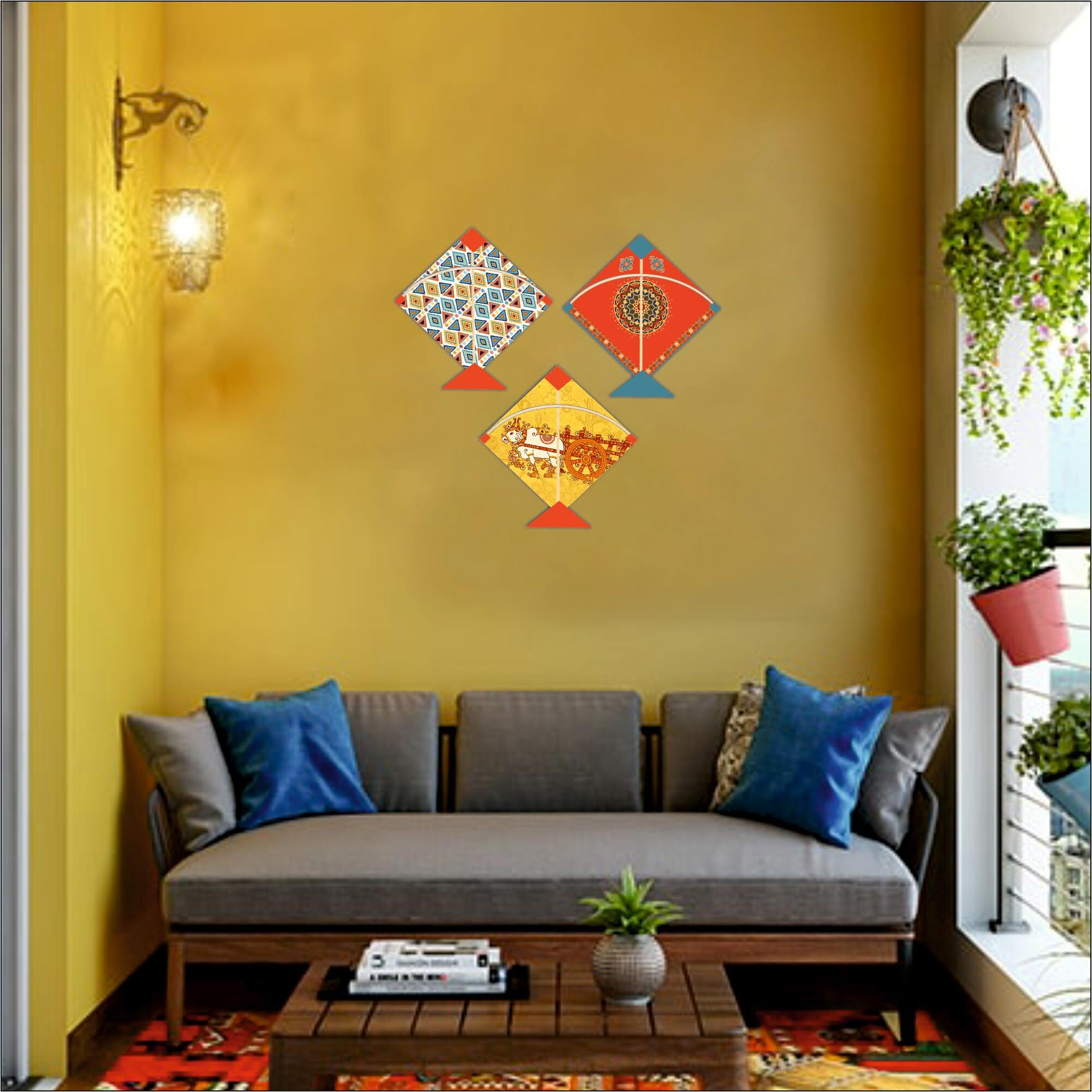 Giftplease Elegant Kite Shape Wall Art - Handcrafted Traditional Wooden Decor Piece (Set Of 3 | 12 * 12 Inches | Pattern-01)