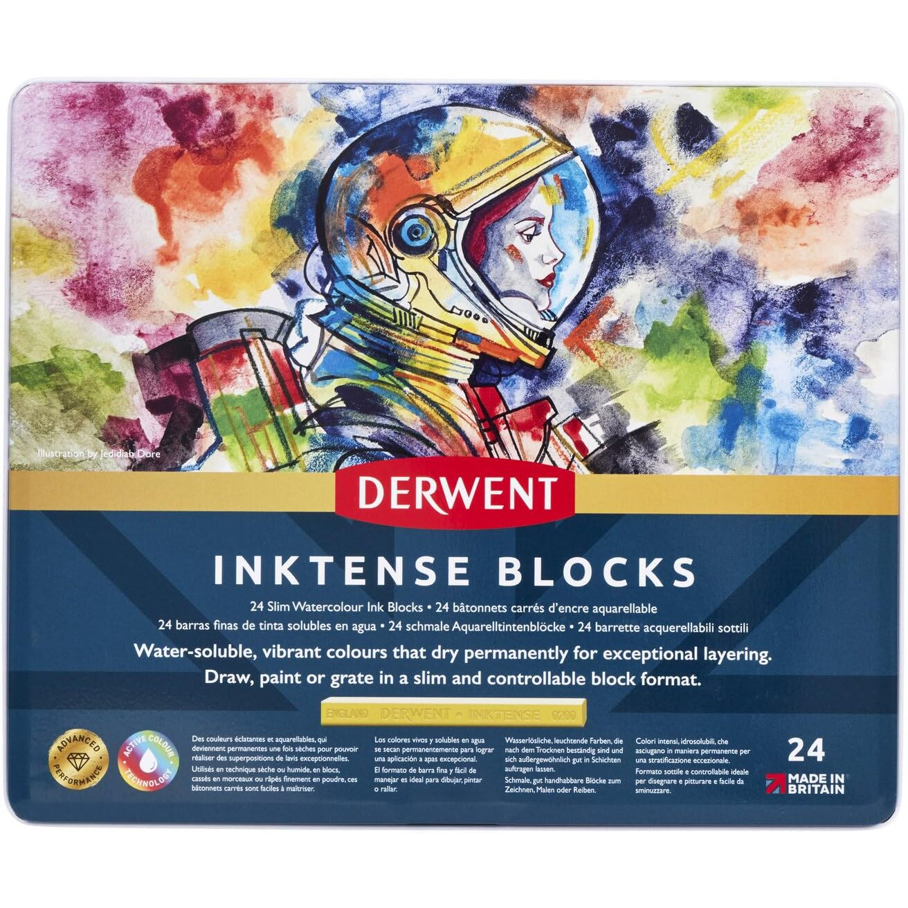 Derwent Inktense Watersoluble Ink Blocks Tin, Ideal For Bold Designs, Use On Fabrics, Wax-Based, Professional Quality - 2300443 (Set Of 24)