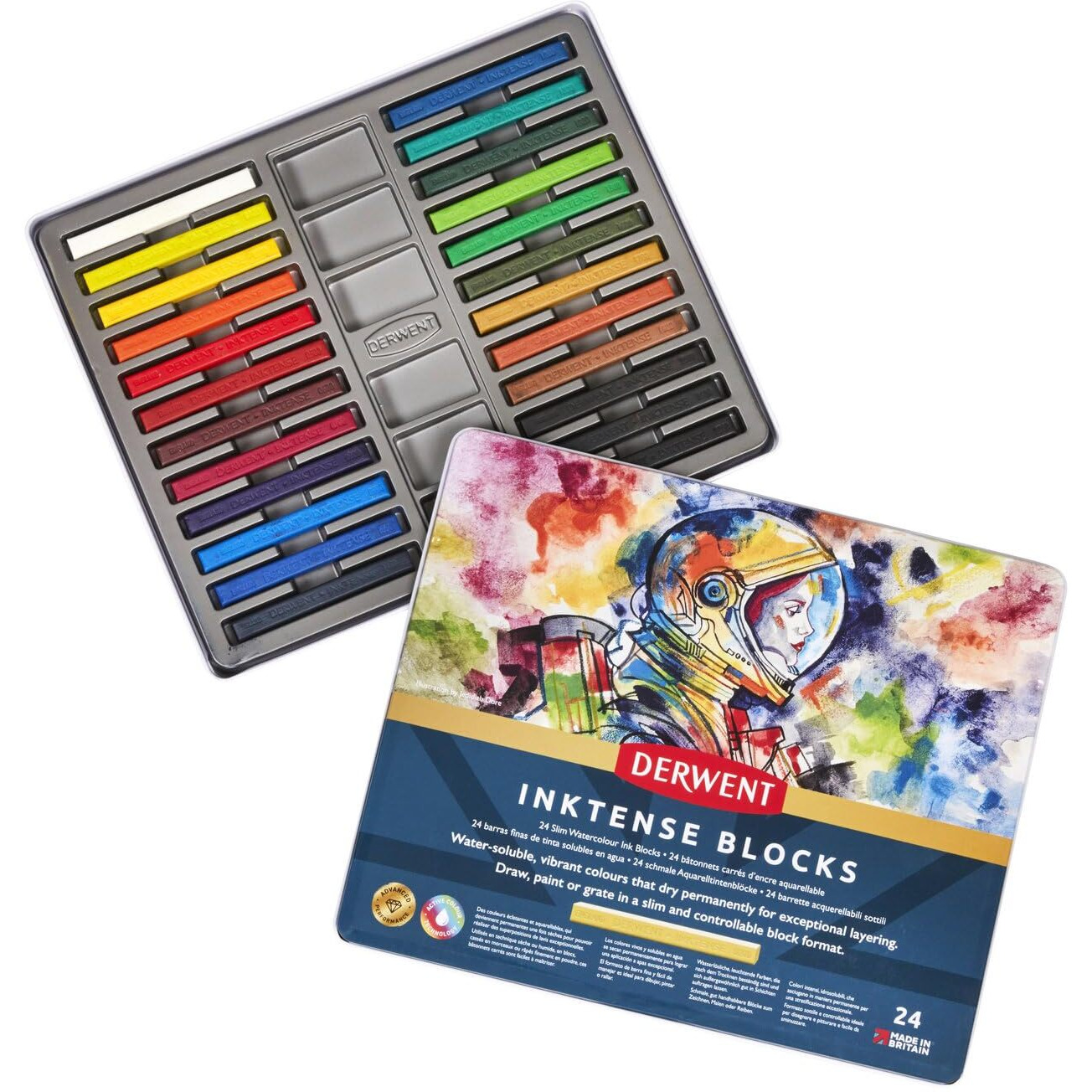 Derwent Inktense Watersoluble Ink Blocks Tin, Ideal For Bold Designs, Use On Fabrics, Wax-Based, Professional Quality - 2300443 (Set Of 24)