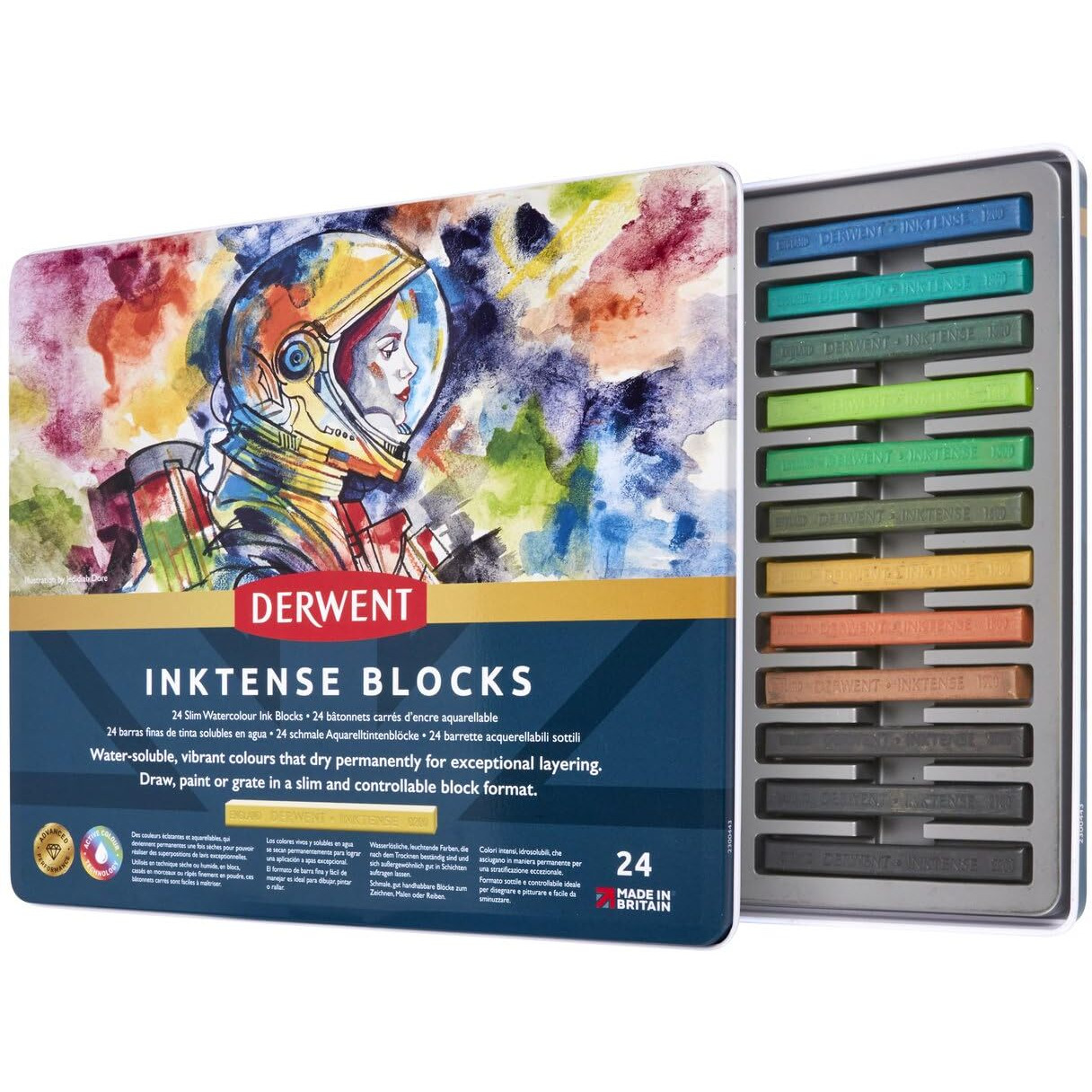 Derwent Inktense Watersoluble Ink Blocks Tin, Ideal For Bold Designs, Use On Fabrics, Wax-Based, Professional Quality - 2300443 (Set Of 24)