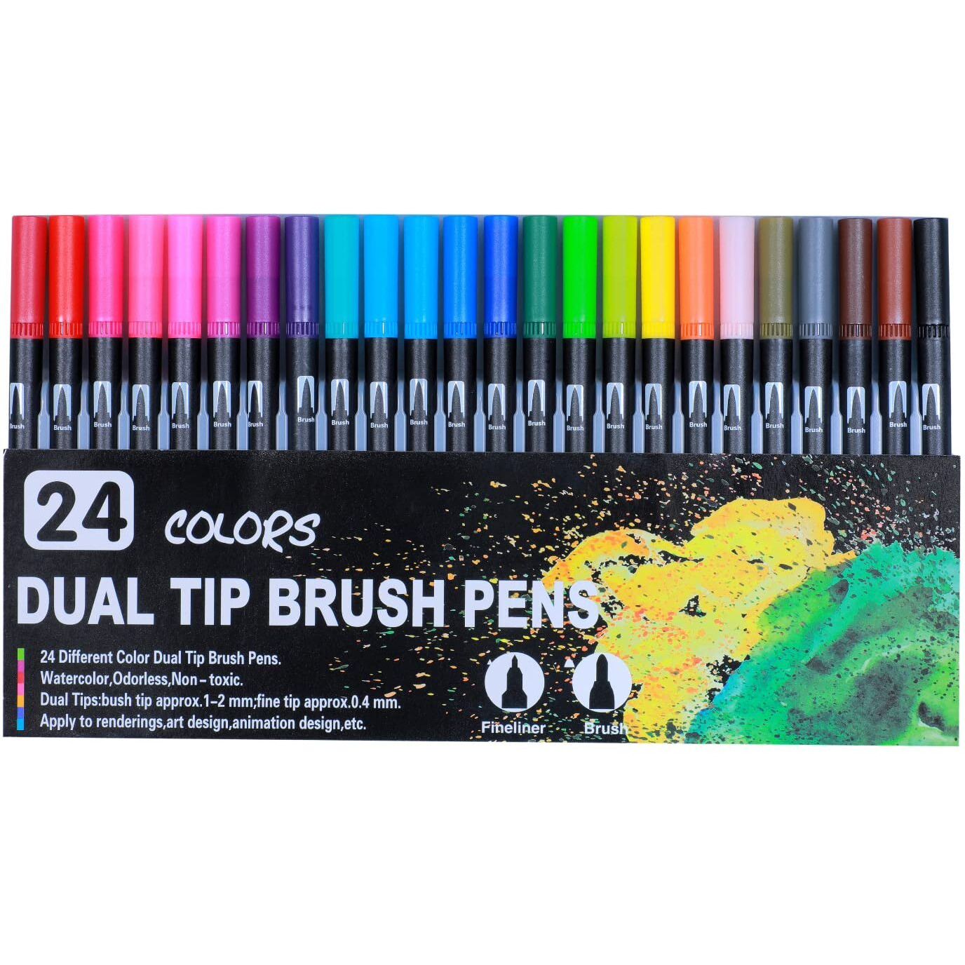 Wowon Art Dual Tip Water Based Brush Pen,Art Marker,Fineliners,Calligraphy,Sketching,Drawing,Colouring Book,Bullet Journal,Mandala 24Shades,Assorted