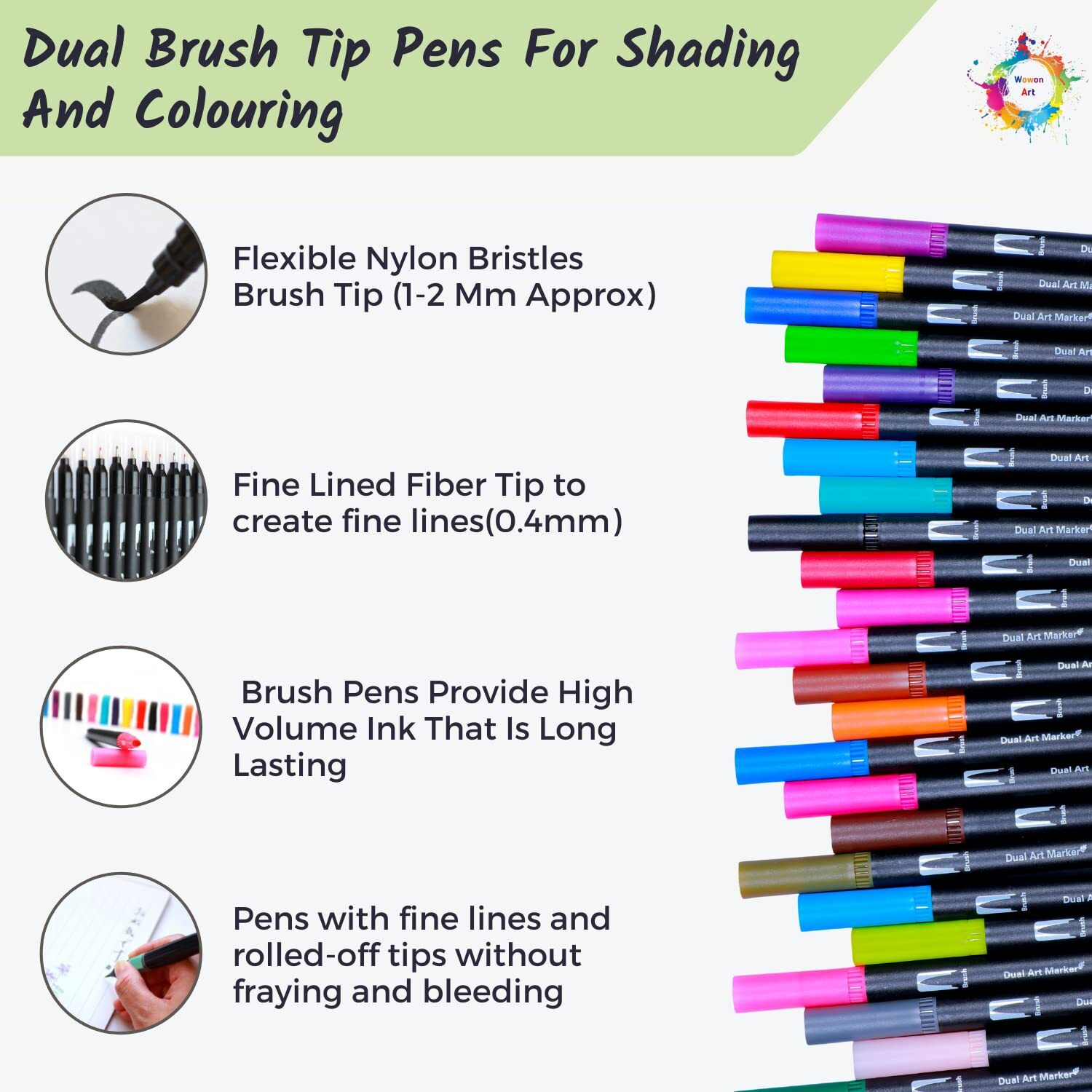 Wowon Art Dual Tip Water Based Brush Pen,Art Marker,Fineliners,Calligraphy,Sketching,Drawing,Colouring Book,Bullet Journal,Mandala 24Shades,Assorted