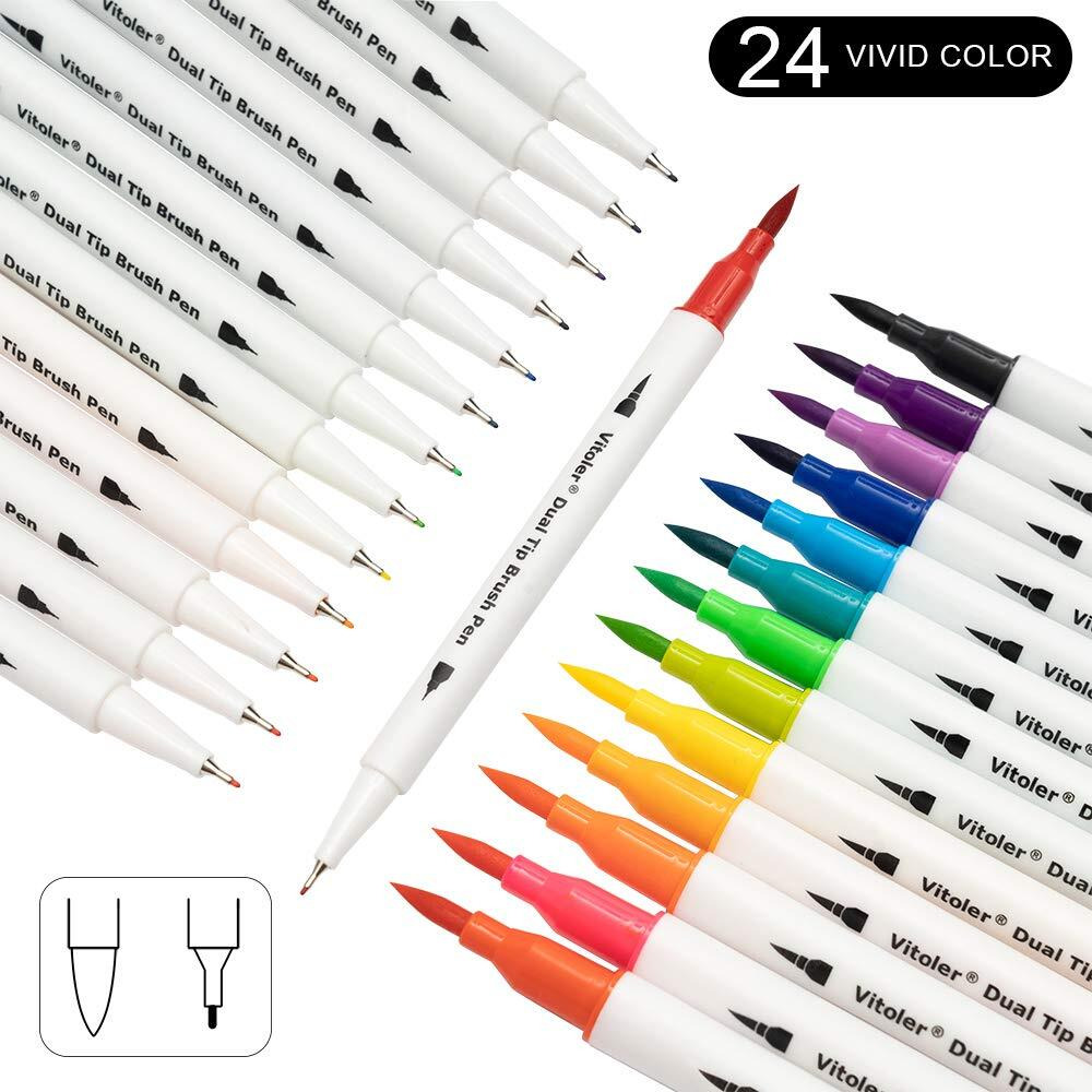 Vitoler 24 Colors Dual Tip Brush Pens Art Markers Set, Fine And Brush Tip Colored Dual Tip Markers For Kid Adult Coloring Book Drawing Bullet Journal Planner Calendar Art Projects
