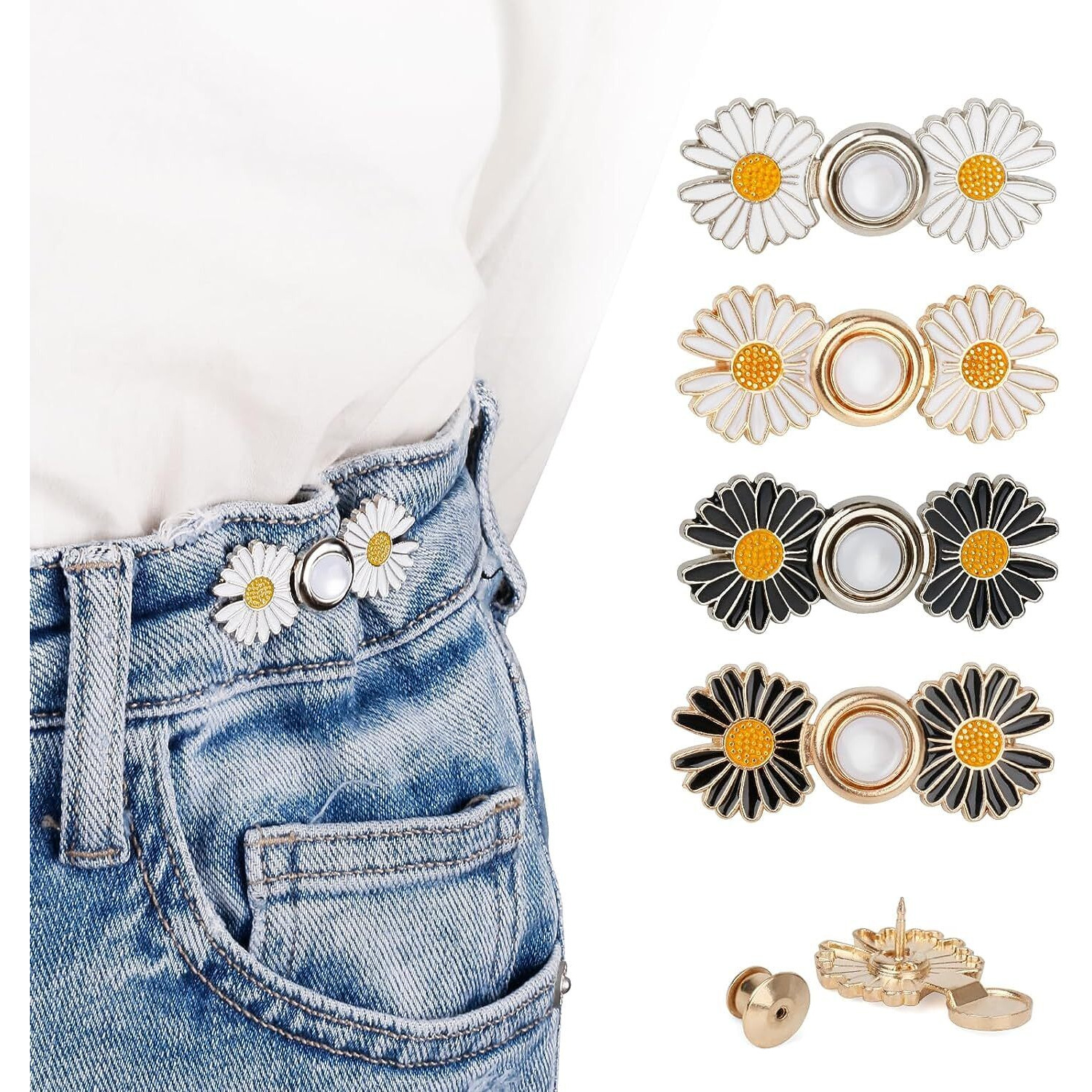 Dianzhu 4 Sets Pant Waist Tightener, Detachable Instant Pants Button Tightener For Loose Jeans, No Sew And No Tools Button Pins, Adjustable Daisy Flower Pins