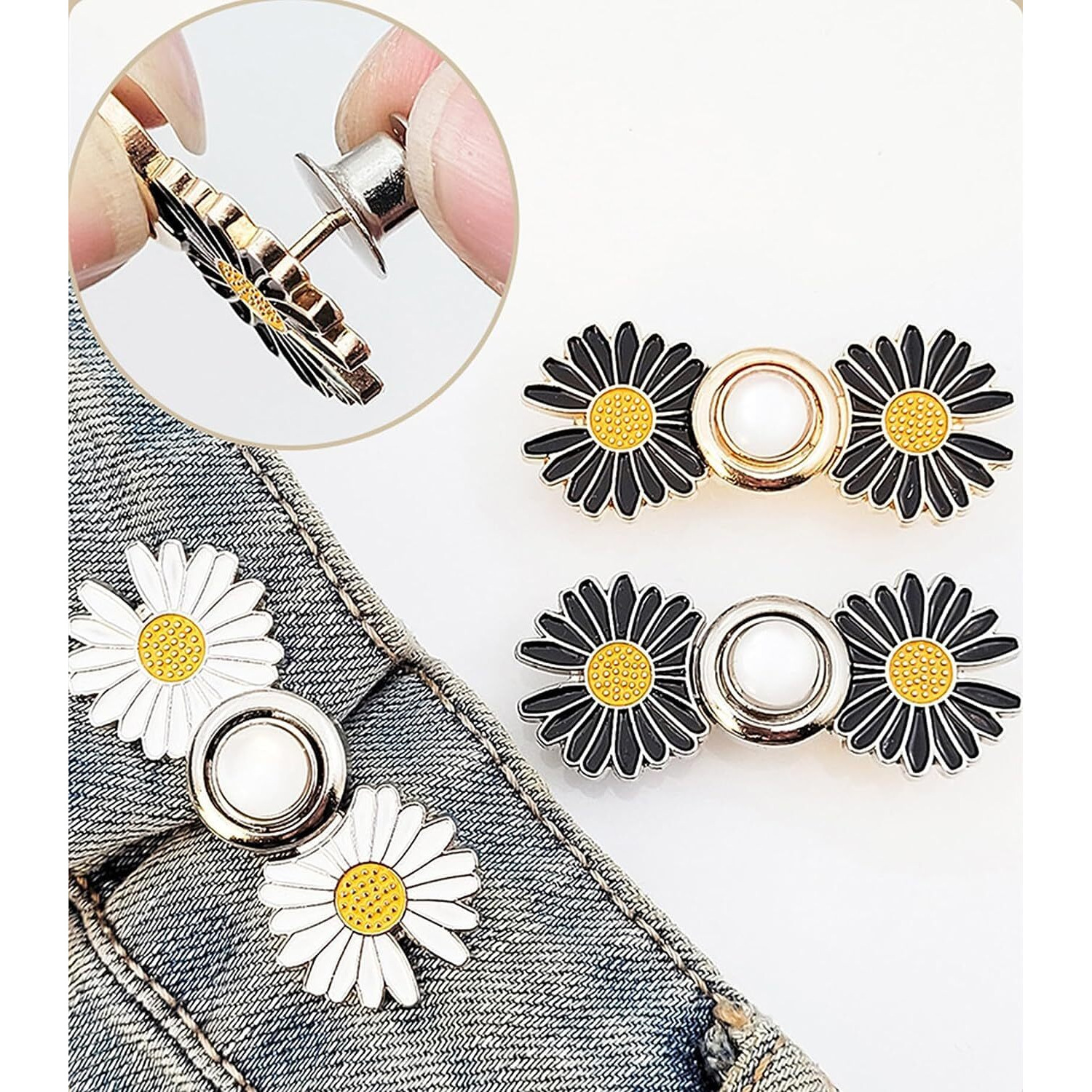 Dianzhu 4 Sets Pant Waist Tightener, Detachable Instant Pants Button Tightener For Loose Jeans, No Sew And No Tools Button Pins, Adjustable Daisy Flower Pins