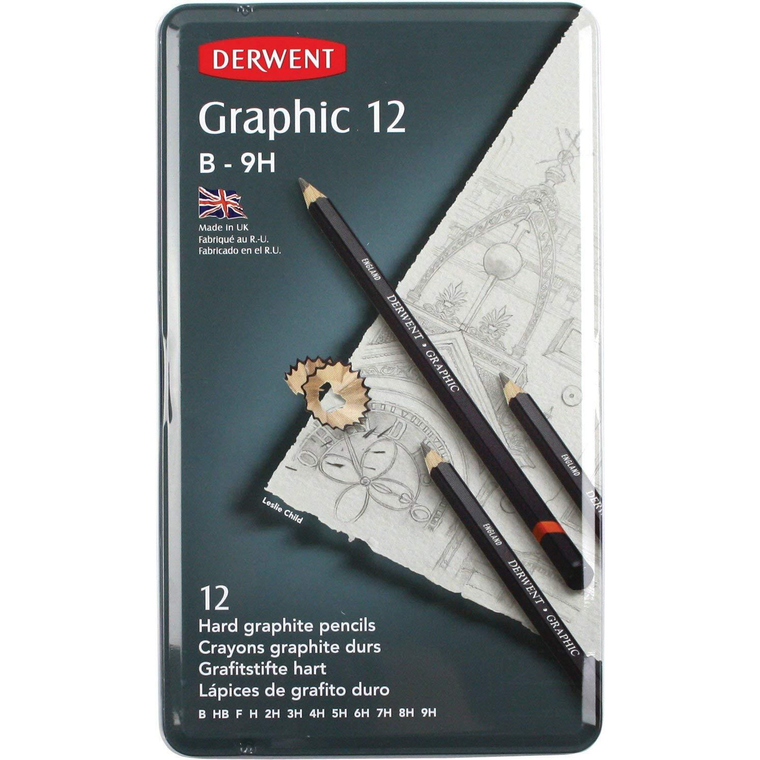 Derwent Graphic Hard Graphite Drawing Pencils, Drawing & Writing, Ideal For Sketching, Professional Quality - 34213 (Set Of 12, B-9H)