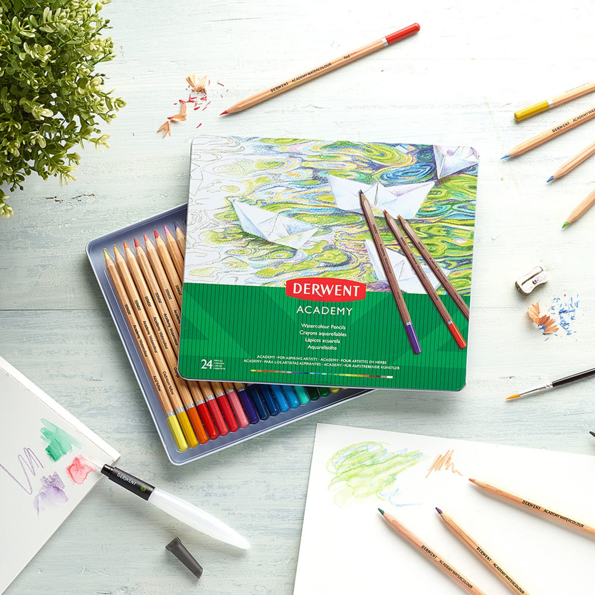 Derwent Academy Watercolour Pencils Tin (Set Of 12), Blue, Multi