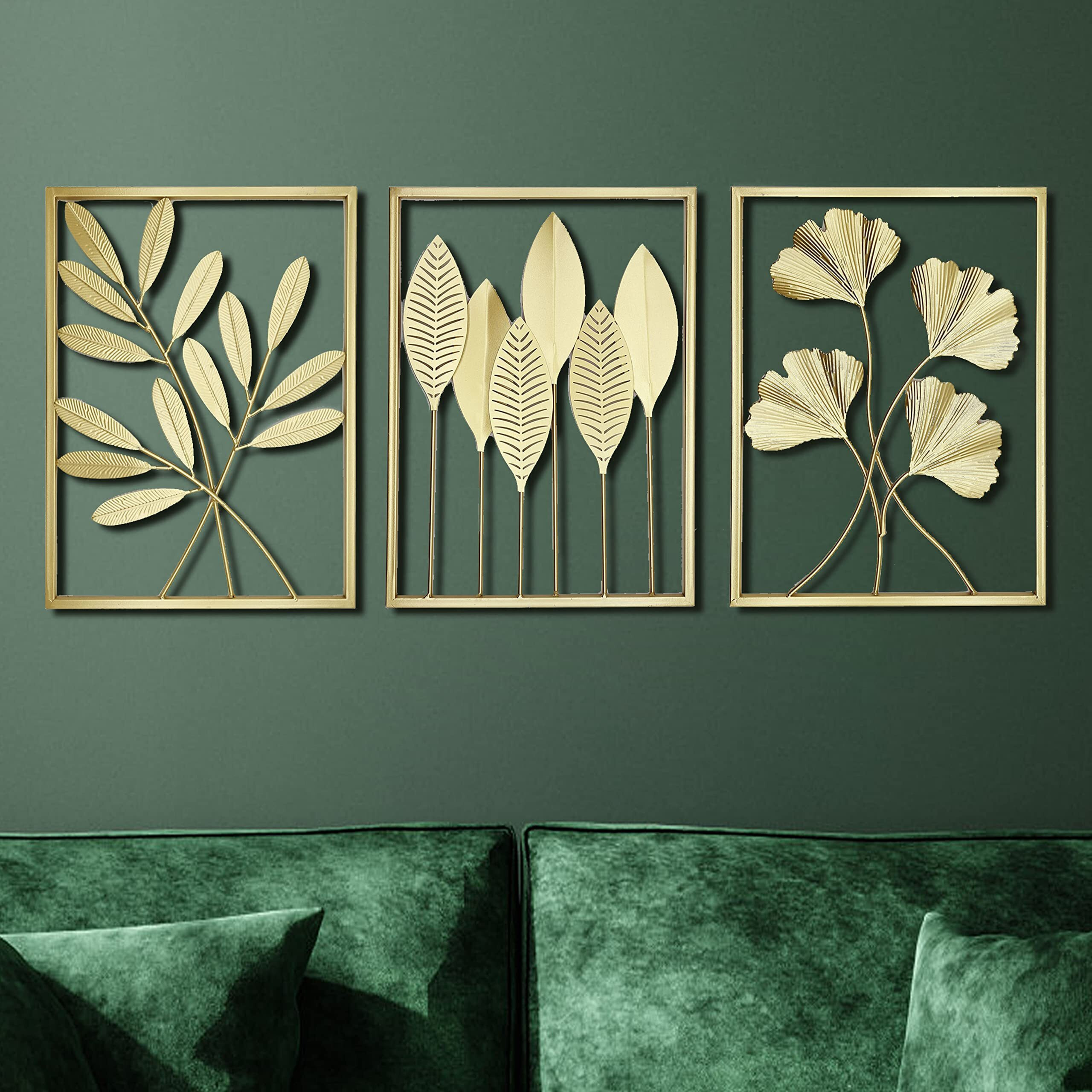 Remenna Gold Metal Wall Art Decor, Leaf Wall Sculpture Home Decor With Frame, Wall Hanging Decorations For Living Room, Bedroom, Office Decor Ornaments
