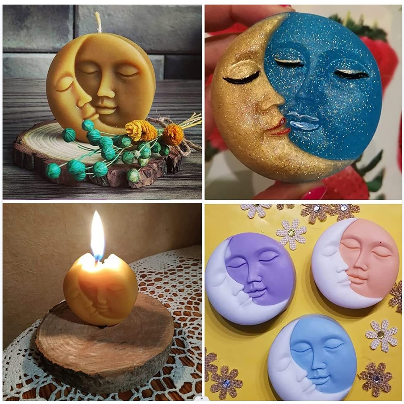 4 Cavity Sun & Moon Silicone Soap Molds, Crescent Moon Face Silicone Soap Mold For Homemade Lotion Bar, Bath Bombs, Polymer Clay, Diy Resin Making