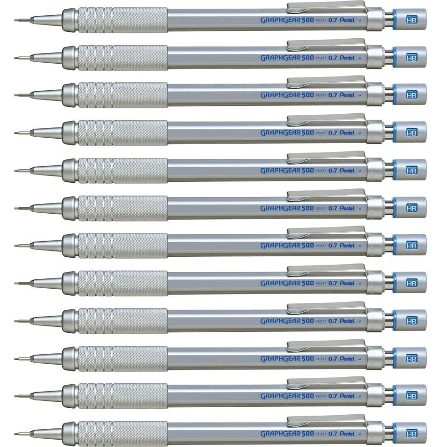 Pentel Graphgear 500 0.7 Mm Hb Mechanical Pencil | Lead Of Grade Hb | Mini Interchangeable Eraser With Push Mechanism | Silver Plated Swing Grip | Pack Of 1 | Silver (Pg517)