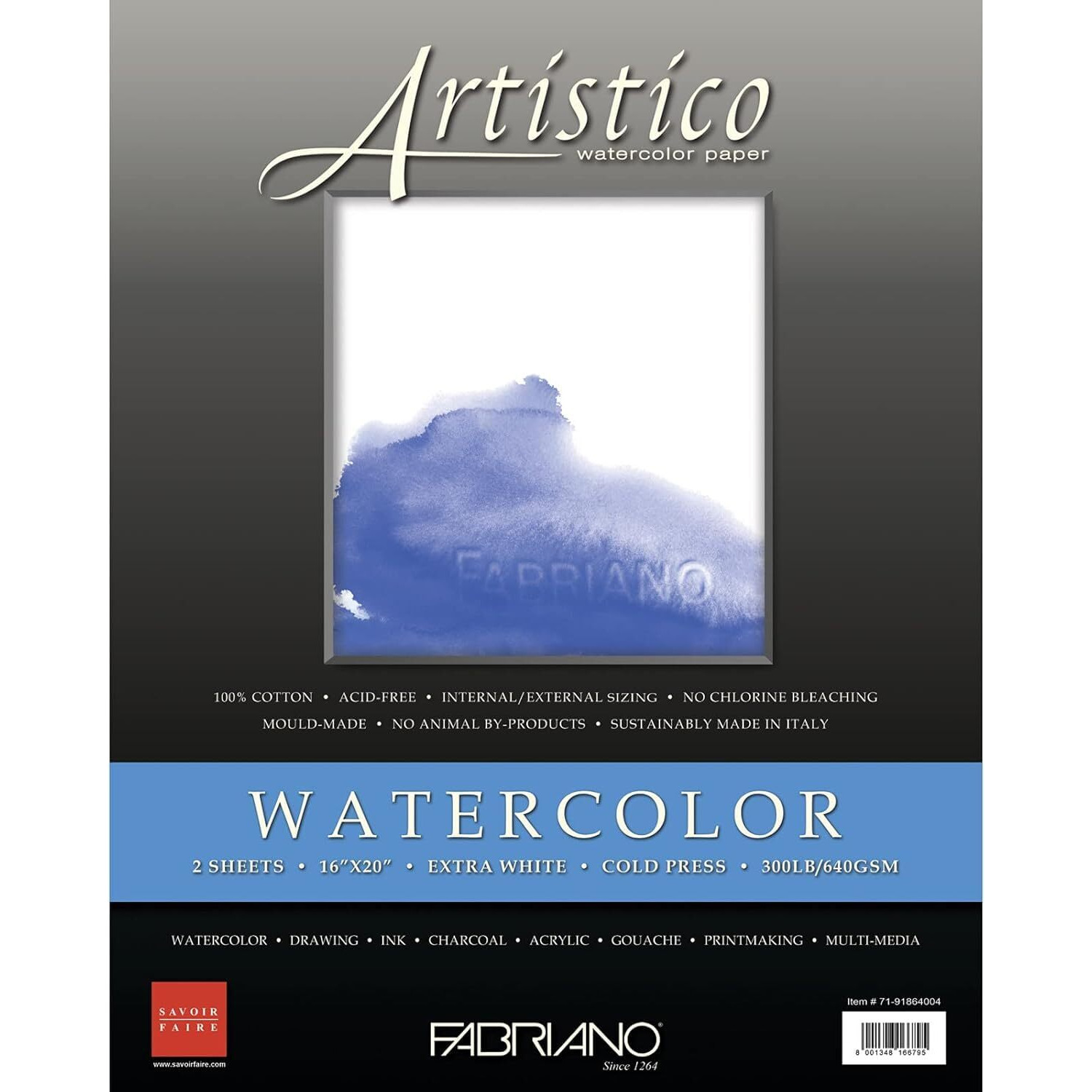 Fabriano Artistico Traditional Extra White Watercolour Paper, 100% Cotton  2 Sheets, Cold Pressed,640 Gsm,16X20Inches|Ideal For Watercolour,Drawing,With Tempera,Gouache,Acrylic,Ink,Charcoal,Graphite.