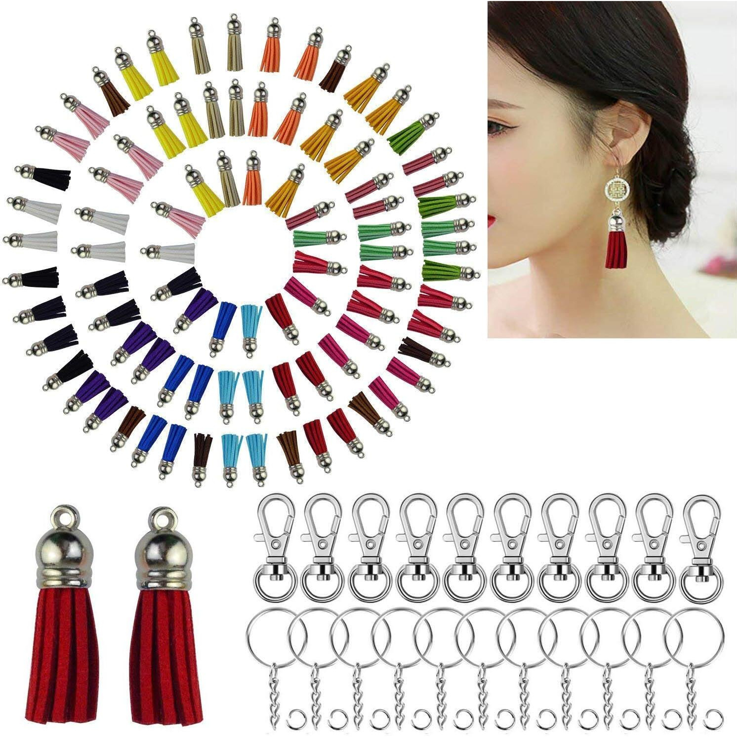 Diy Crafts Jump Rings Faux Suede Tassel Leather Charm With Ccb Cap Set (Mixed Colour) (Pack Of 108 Pcs Set, Equal Ratio Tassel Keychain Jump Ring)
