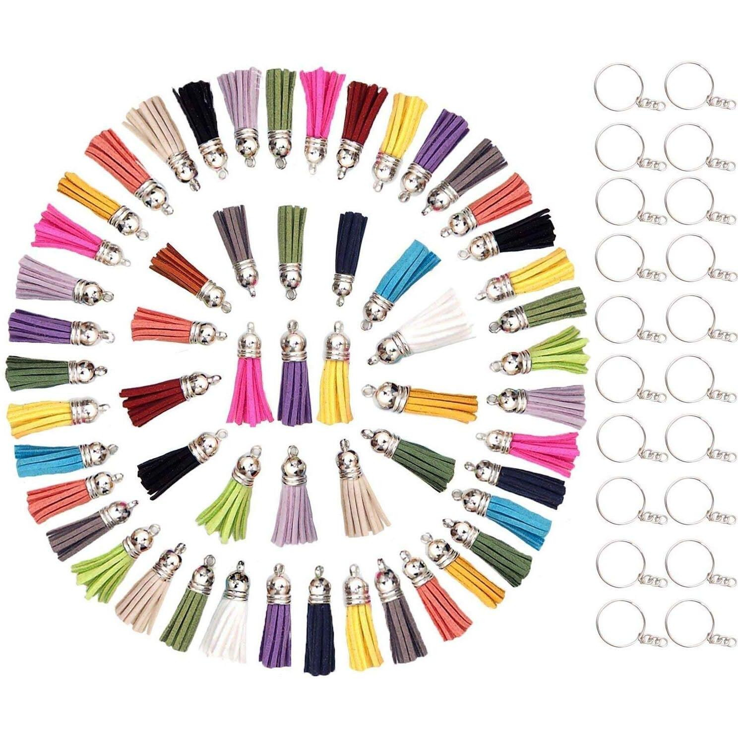 Diy Crafts Jump Rings Faux Suede Tassel Leather Charm With Ccb Cap Set (Mixed Colour) (Pack Of 108 Pcs Set, Equal Ratio Tassel Keychain Jump Ring)