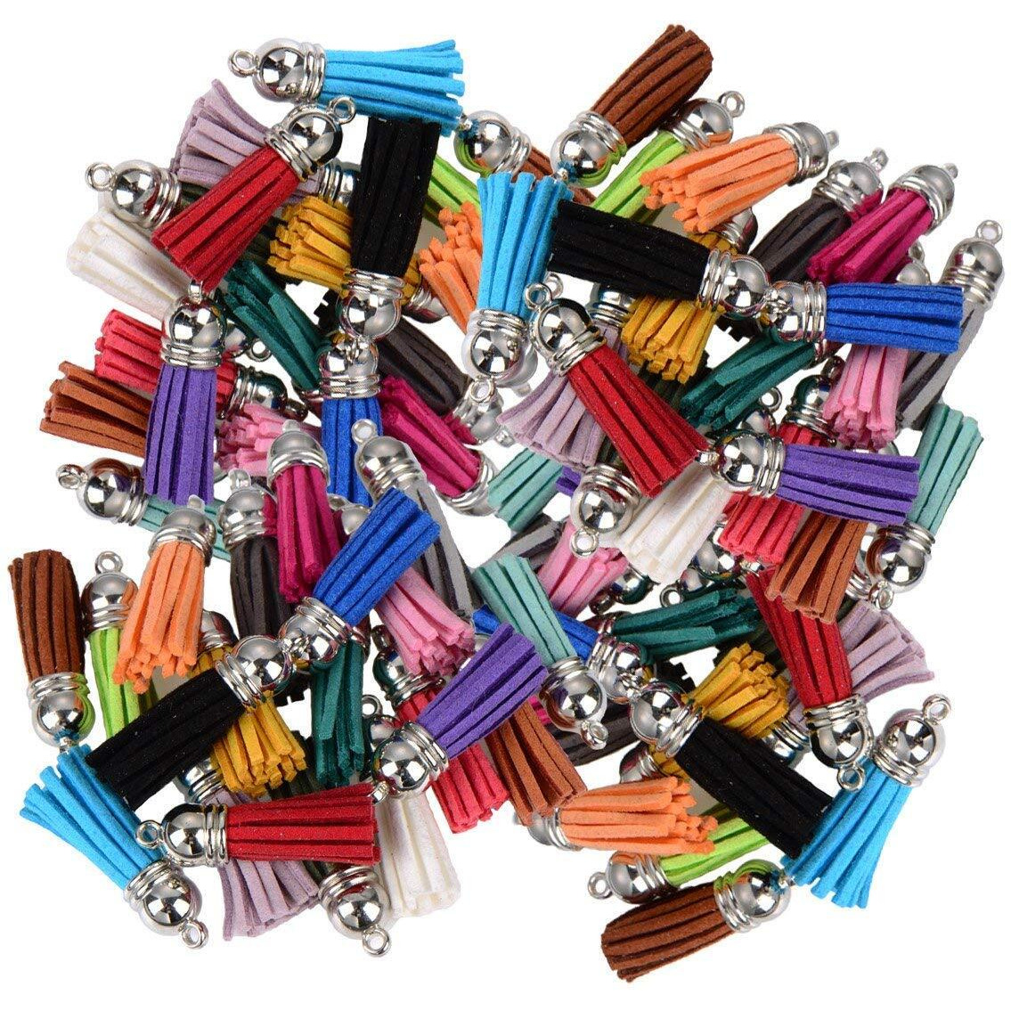 Diy Crafts Jump Rings Faux Suede Tassel Leather Charm With Ccb Cap Set (Mixed Colour) (Pack Of 108 Pcs Set, Equal Ratio Tassel Keychain Jump Ring)