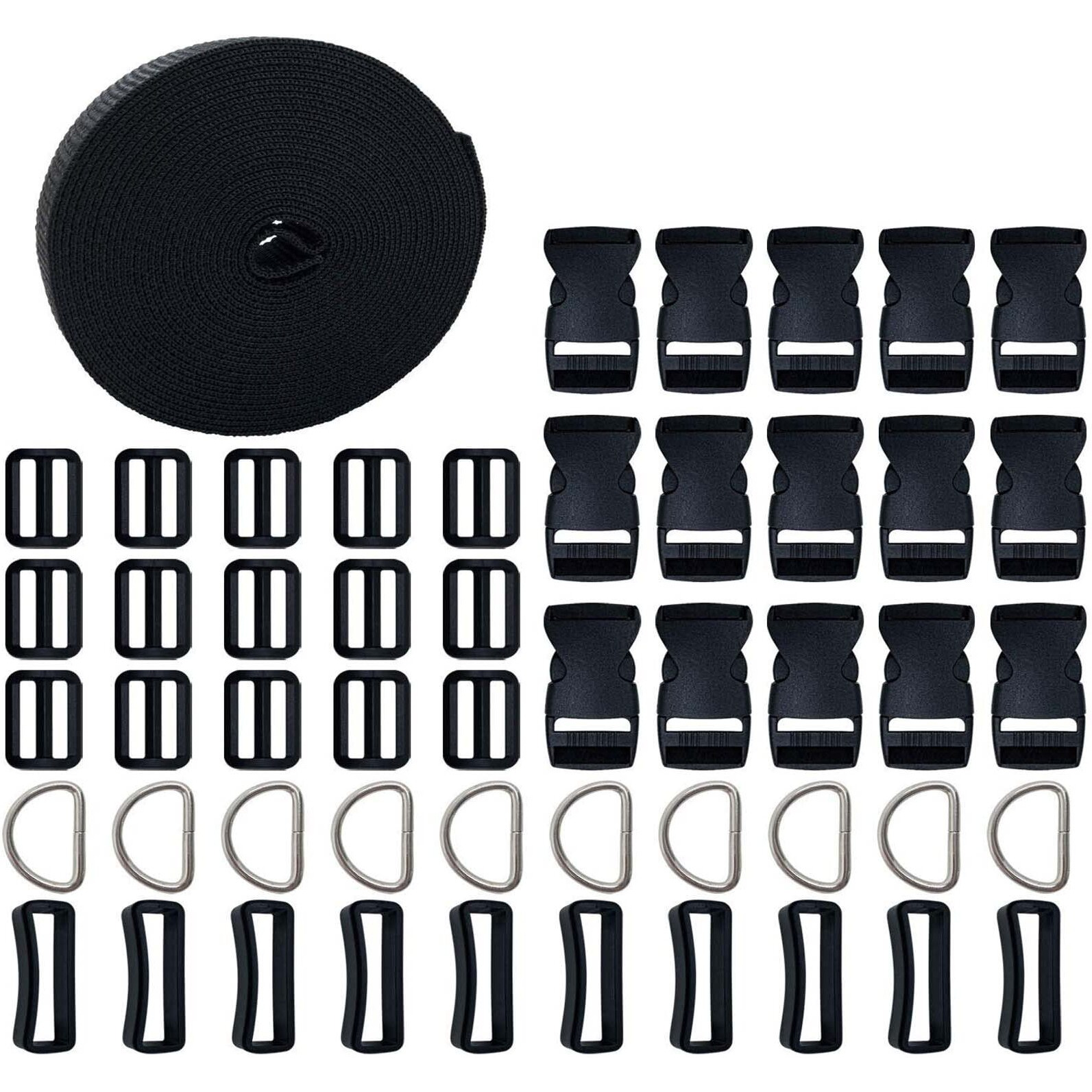Diy Crafts 51 Pcs / 1 Set, Black & Silver Included Items 51 Pcs In 1 Set, 1" Inch Release Bucklestri-Glide Slides D Rings Roll Nylon Web(51 Pcs / 1 Set, Black & Silver Included Items 51 Pcs In 1 Set)